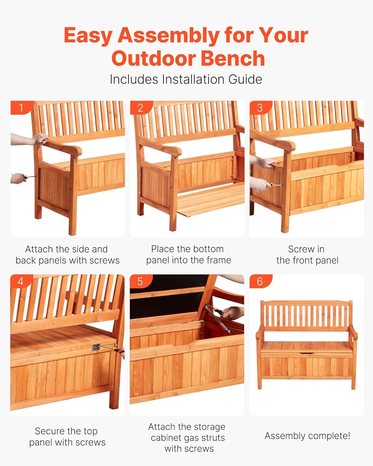 VEVOR Outdoor Storage Bench, 2-Person Wooden Storage Bench, 33 Gallons Deck Box with Side Handle, Supports up to 705 lbs, Outdoor Seating & Porch Decor, for Patio Garden Balcony Yard