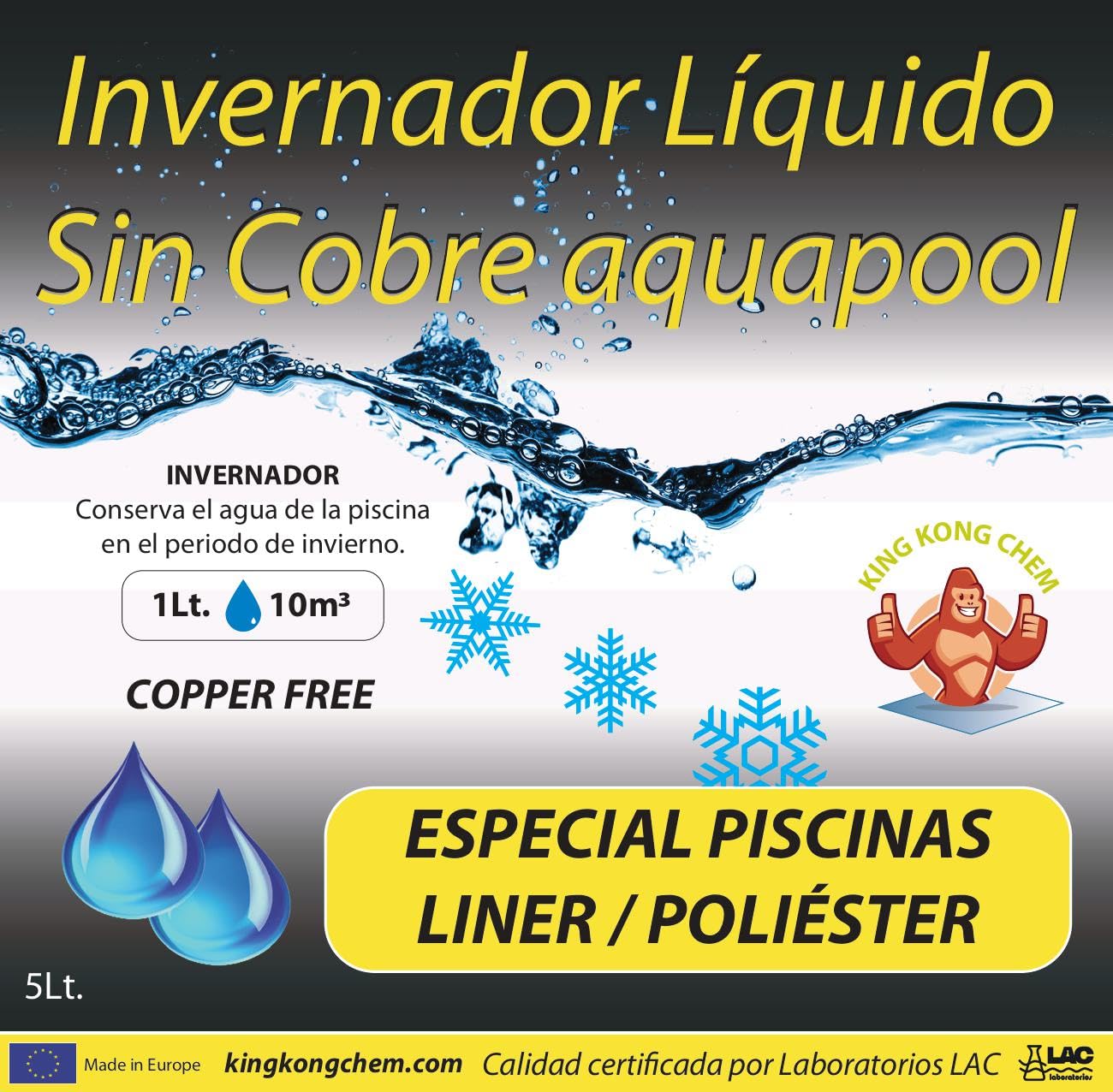 INVERNADOR LÍQUIDO Especial Liner/Poliester SIN Cobre 5 litros - Desinfectante y Algicida para el Tratamiento de Piscinas en Invierno