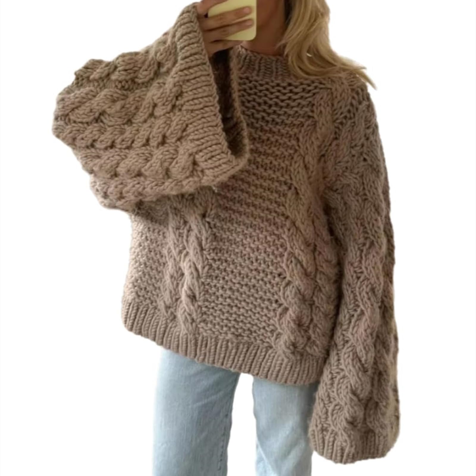 Womens Oversized Cable Knit Sweater Fashion Crew Neck Fall Loose Flare Sleeves Casual Chunky Knitted Pullover Tops