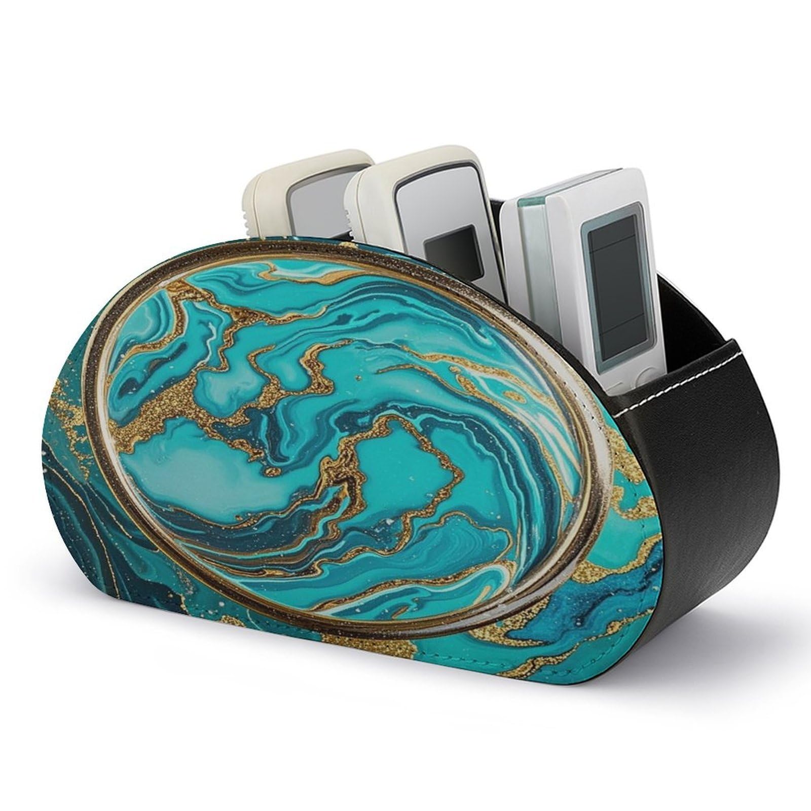 FekiLoot Turquoise Blue Gold Marble TV Remote Control Holder with 5 Compartments Multi-functional Leather Bedside Table Remote Caddy Desktop Storage Box for Store Pen Controller Media Player Cosmetic