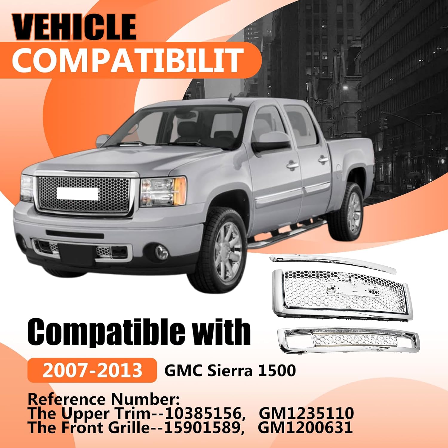 JX RACING Grille Kit Compatible with 2007-2013 GMC Sierra 1500 Denali Chrome Plated Front Hood Molding Trim& Upper & Lower Bumpers Grill Round Hole Mesh ABS Plastic for 10385156 15901589