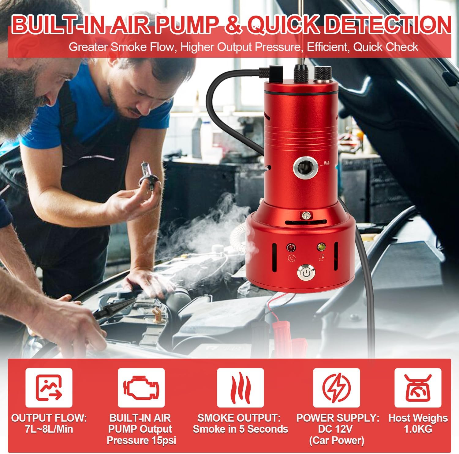 Automotive Smoke Machine Leak Detector, Built-in Air Pump, Evap Smoke Machine Leak Tester for Vacuum Leak Detection, 12V DC Smoke Tester Automotive Tools Kit for Pipe System