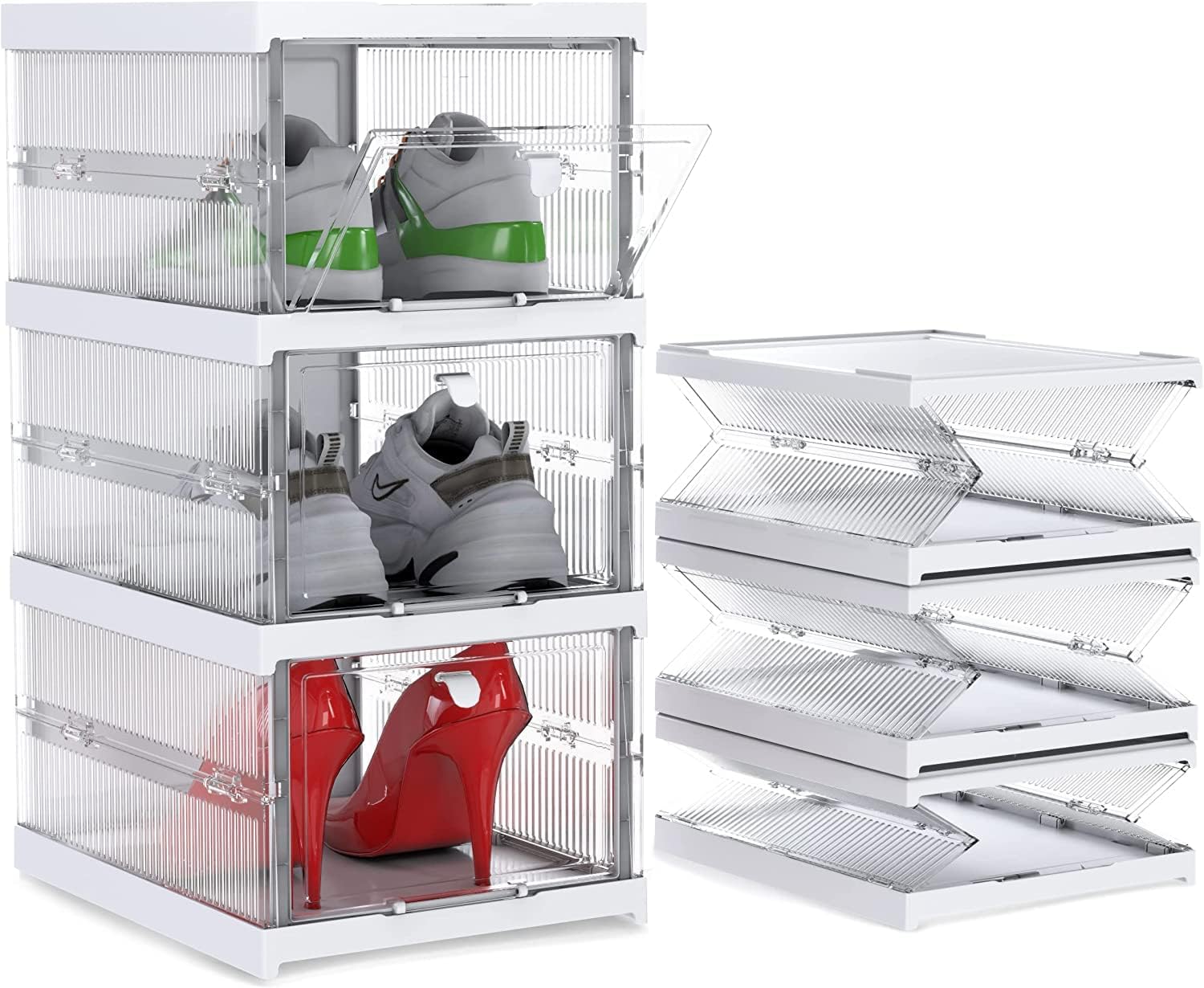 Plastic Storage Bins with Lids - Shoe Storage Shoe Organizer Shoe Sneaker Storage Collapsible Storage bins Stackable Storage Totes Storage Container for Organizing Foldable Storage Bins