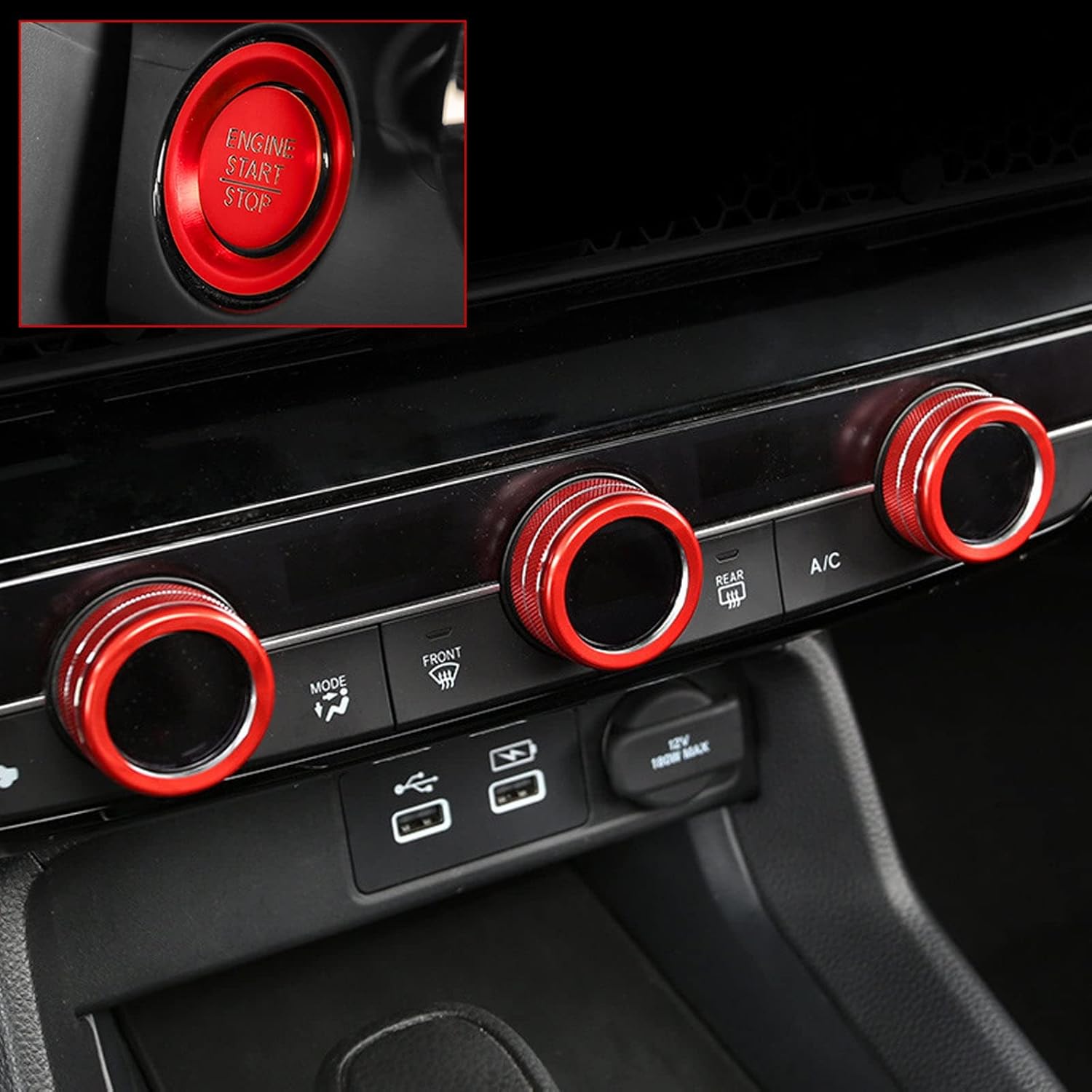 x xotic tech Red Aluminum Alloy AC Climate Knob Switch + AC Air Vent Knob + Navigation Knob Ring Combo Cover Trim, Compatible with Honda Civic 2022-2024 2025 2026, CRV or Acura Integra 2023 2024 2025