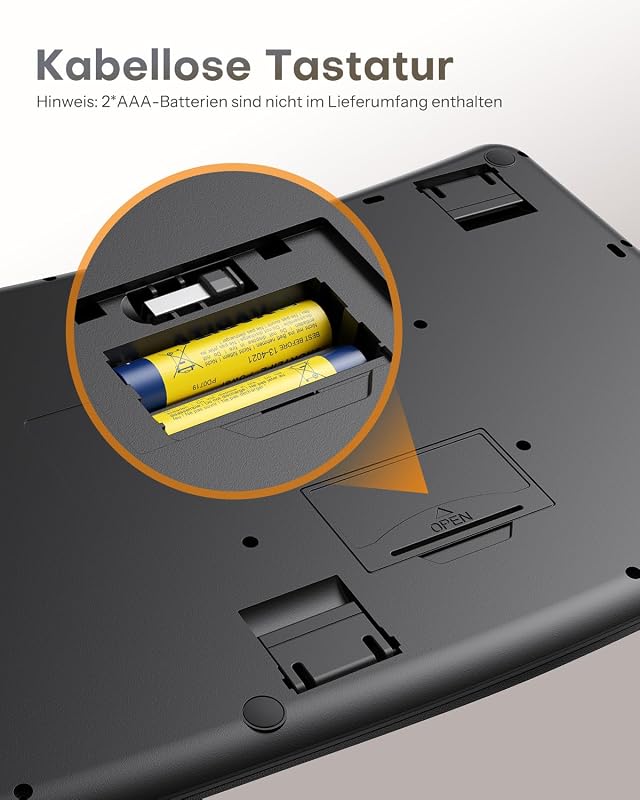 OMOTON Vezeték Nélküli Ergonomikus Billentyűzet - Wave Keys, 2.4G USB, Csuklótámasztóval, Német QWERTZ Kiosztás, Fekete
