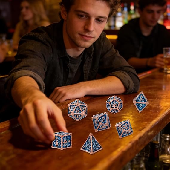 Metal Dice Set, Octopus Pattern, 7pcs Polyhedral Metal DND Dice Set, DND Starter Set, D&D Gifts with Gift Box, Role Playing Board Games Accessories, Red Copper Border Blue