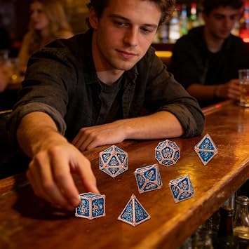 Metal Dice Set, Octopus Pattern, 7pcs Polyhedral Metal DND Dice Set, DND Starter Set, D&D Gifts with Gift Box, Role Playing Board Games Accessories, Red Copper Border Blue