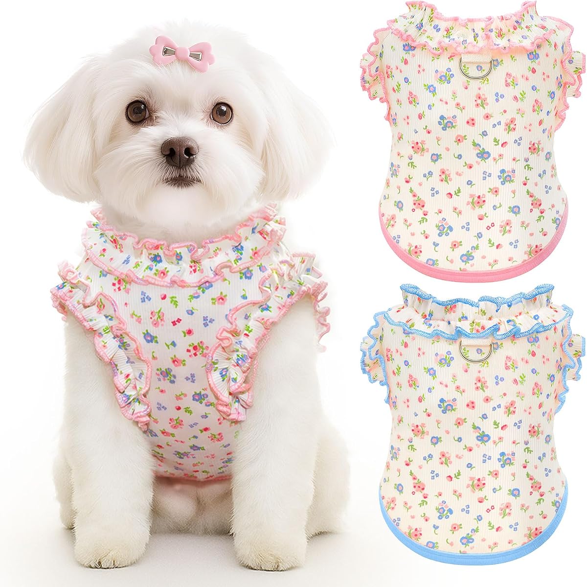 2 Pack Dog Shirt for Small Dogs Breathable Summer Clothes with Ruffled Sleeves Dog Tshirt Stretchy Pet Tee for Puppies Sphynx Cats Kitten Frenchie Dachshund