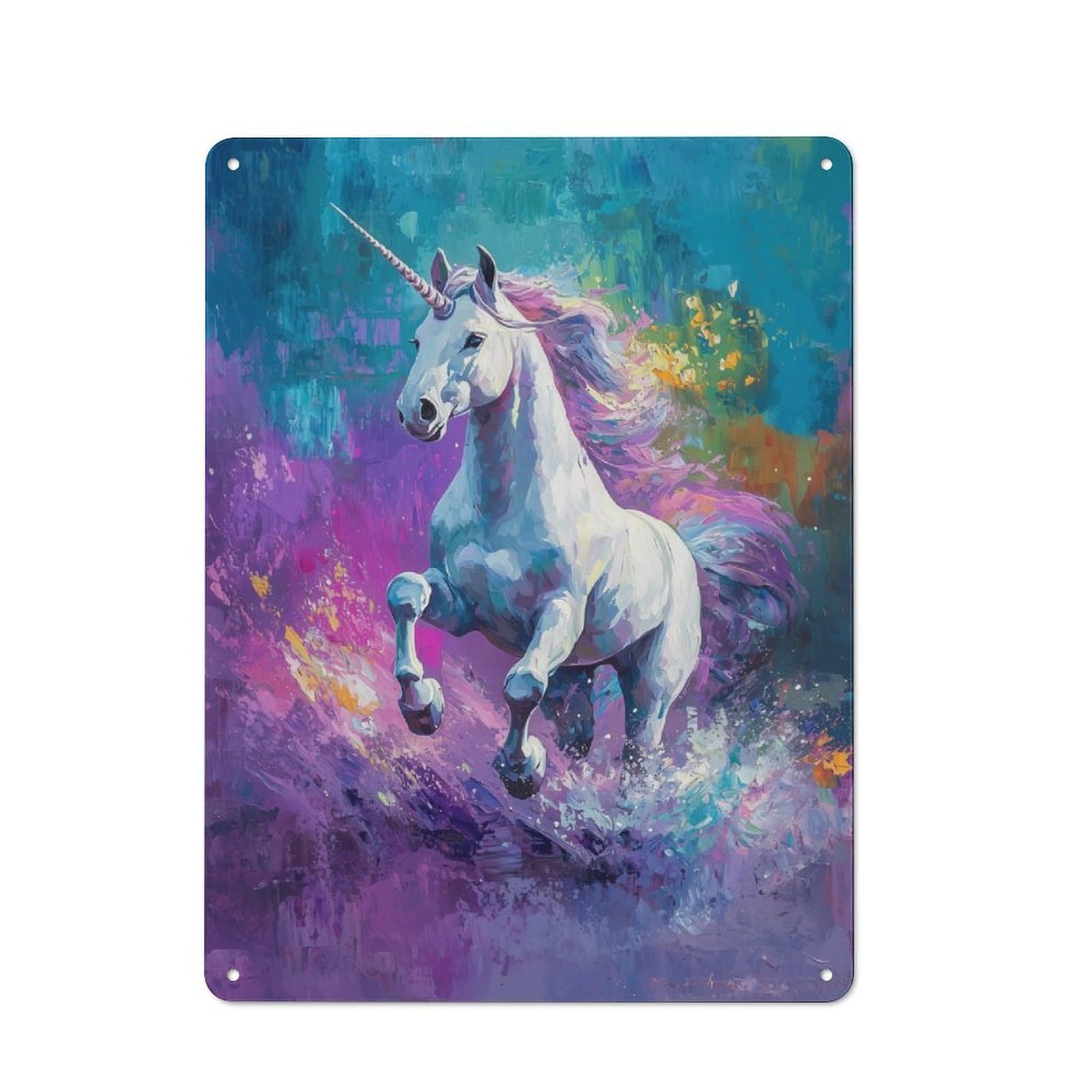 Tin Wall Plaque 40x30cm with White Unicorn Running for Pub Or Café, A Decorative Christmas Gift for Hospitality Wall Decor Collectors