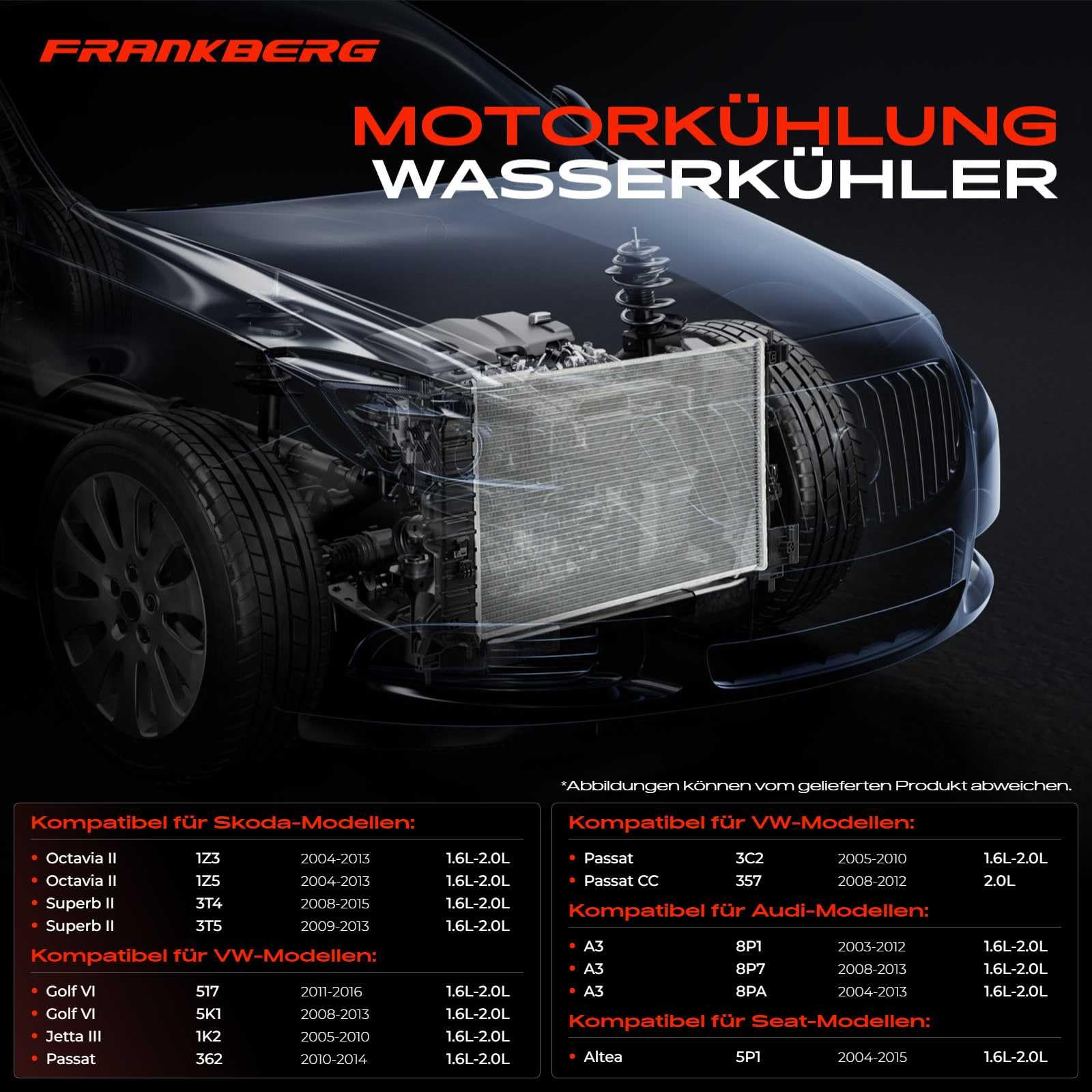Frankberg Radiatore raffreddamento motore scambiatore di calore | 1K0121251AB; Compatibile con: Altaea XL 5P5 5P8, T.o.u.r.a.n 1T1 1T2, CC 358, Golf Plus 521 5M1, O.c.t.a.v.i.a II 1Z3