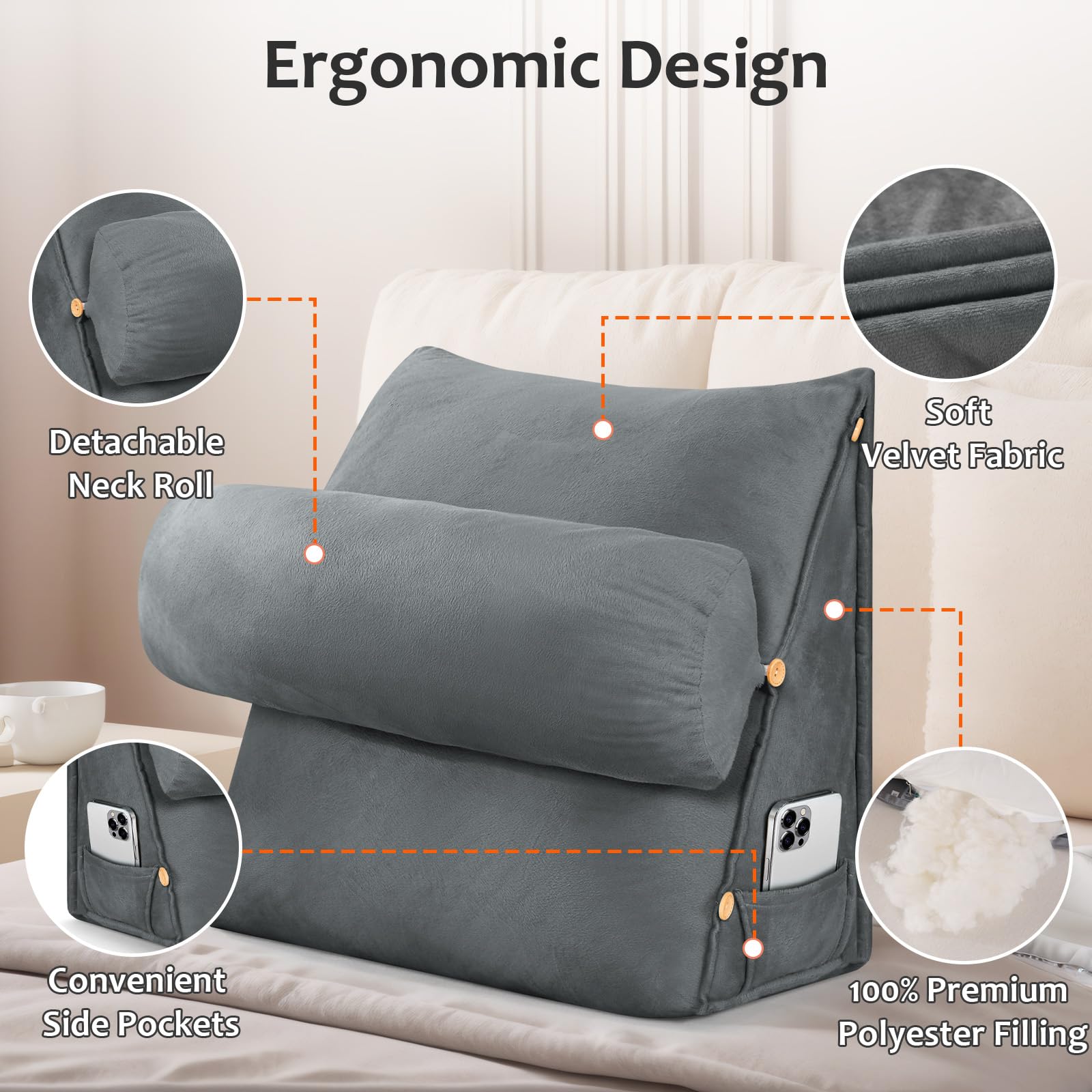 Cojín de apoyo para sofá, almohada de lectura ajustable 3 en 1 para sentarse en la cama para adultos, almohadas triangulares con rollo de cuello desmontable y funda lavable extraíble