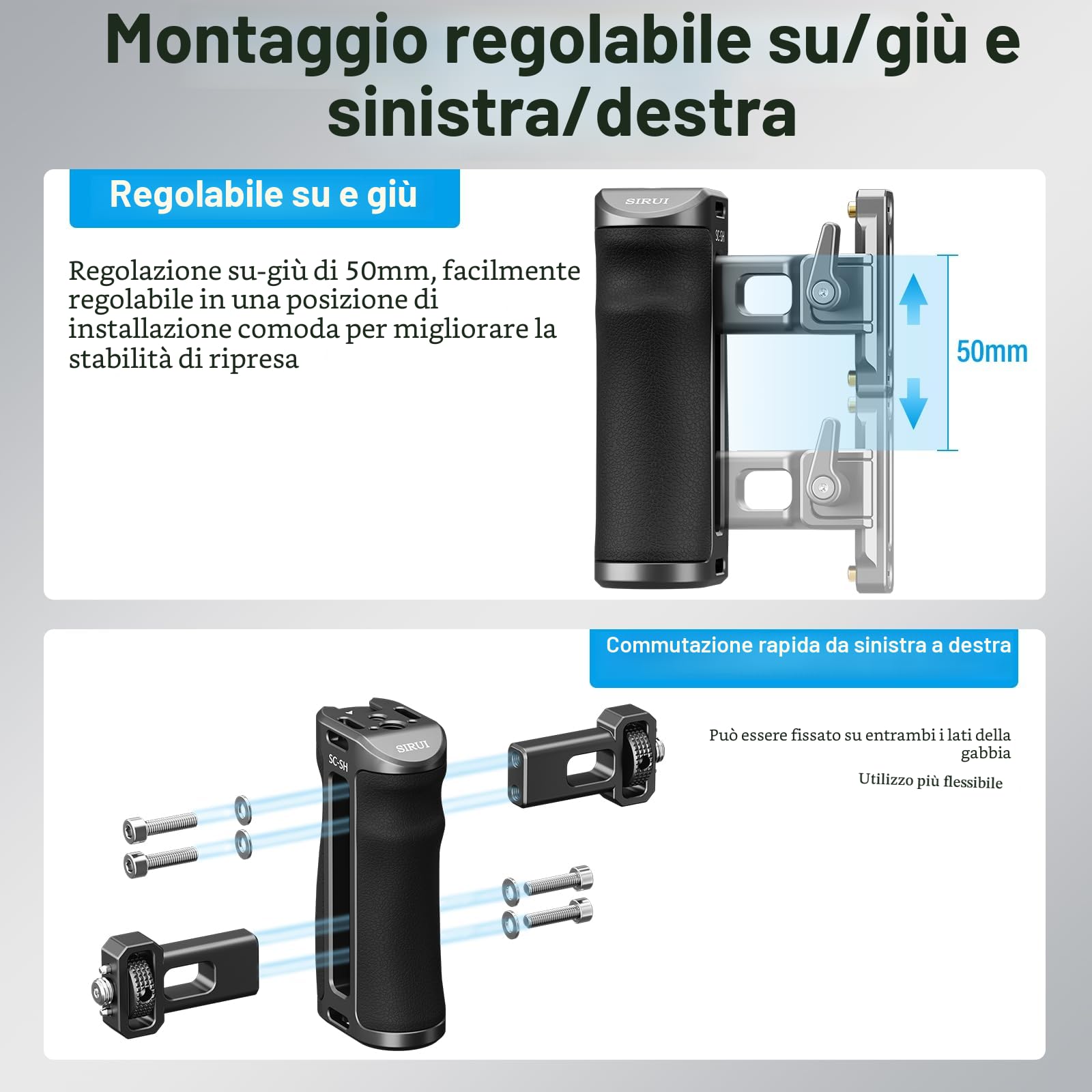 SIRUI SC-SH Maniglia Laterale con NATO e 3/8"-16 Locating Pin per ARRI, Impugnatura Ergonomica Laterale in Alluminio per Gabbie per Fotocamere, 50 mm Regolabile Su/Giù, Attacco Cold Shoe Incorporato