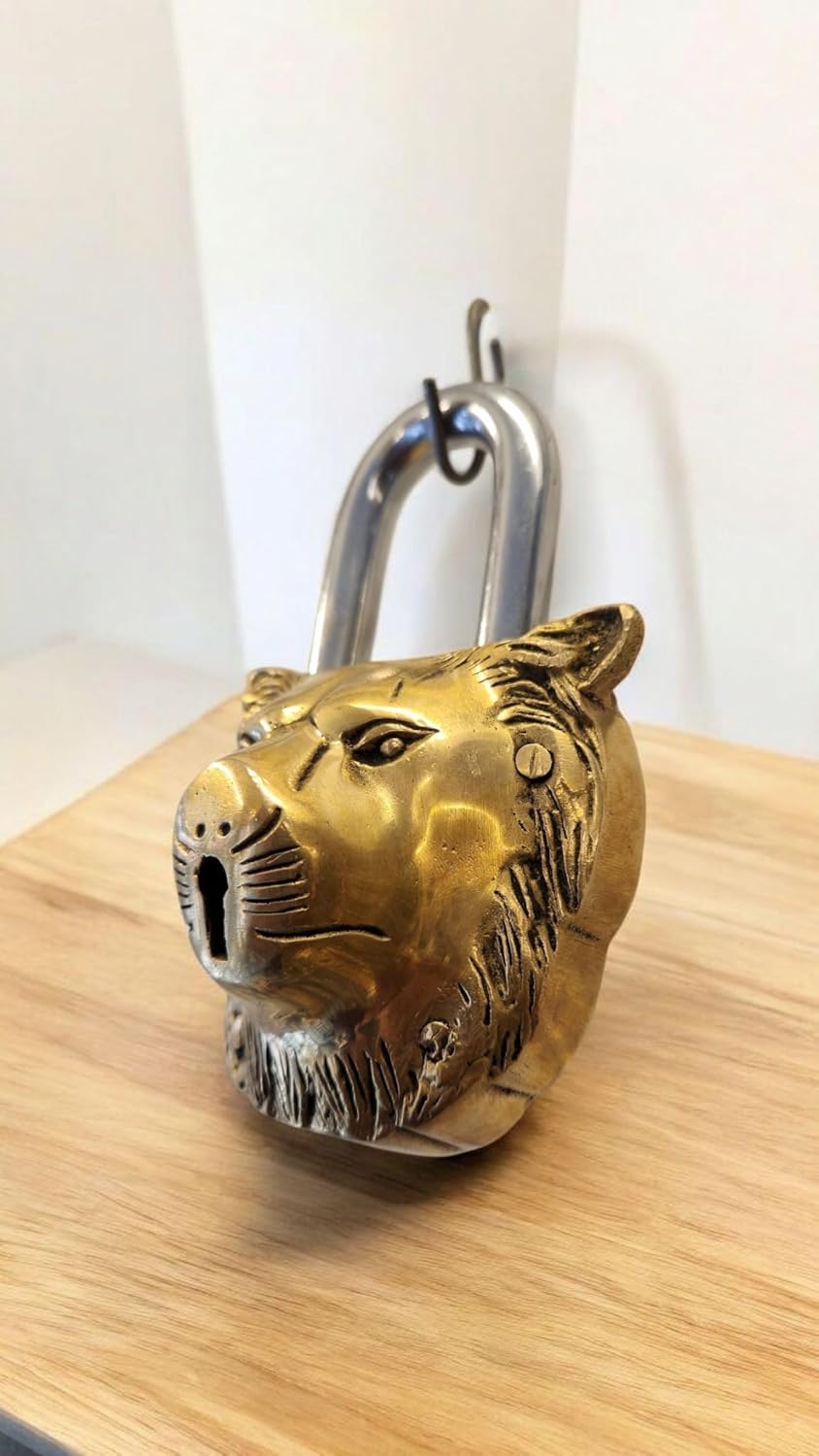Brass Lion Padlock with Two Keys, Animal Functional Antique Lock, Indian handicrafts Brass Temple Lock