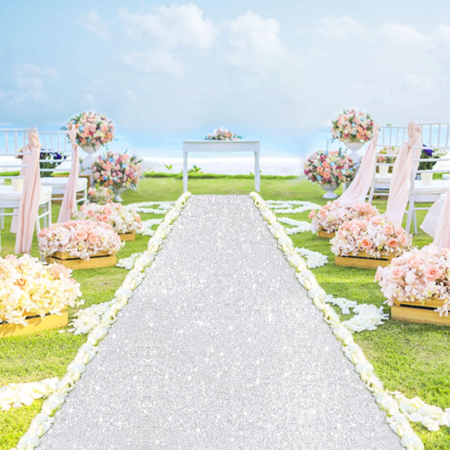 Silver Wedding Aisle Runner Sparkly 4FTx15FT Sequin Aisle Runner Rug Glitter Carpet Runners for Hallway Rustic Bridal Runway Payette Floor Runner for Engagement Ceremony Prom Party Decoration
