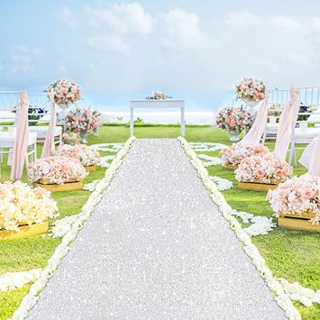 Silver Wedding Aisle Runner Sparkly 4FTx15FT Sequin Aisle Runner Rug Glitter Carpet Runners for Hallway Rustic Bridal Runway Payette Floor Runner for Engagement Ceremony Prom Party Decoration