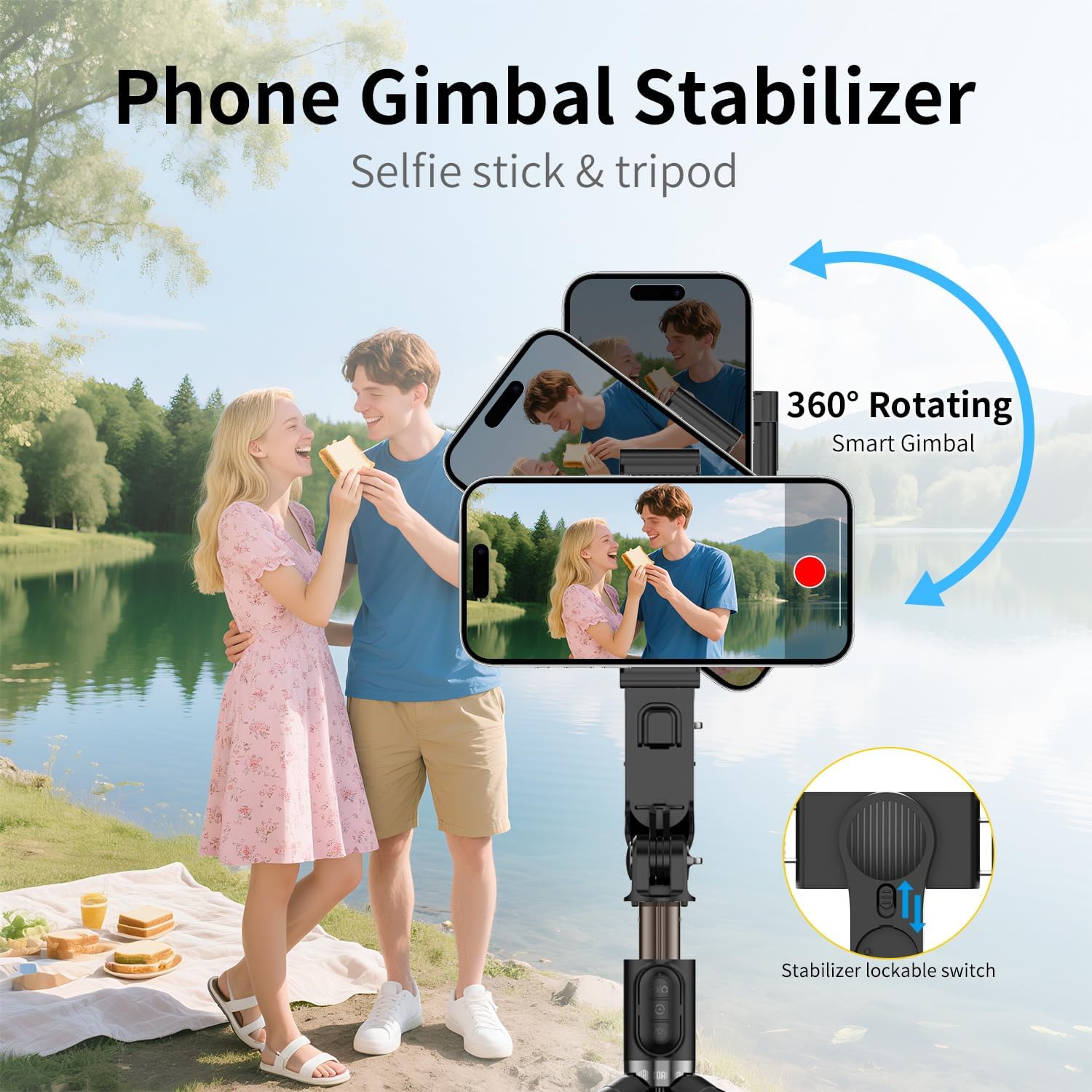 TOALLIN Selfie Stick with Light for Smartphone, Gimbal Stabilizer with Remote, Retractable and Foldable Phone Tripod for iPhone & Android, Video Recording, Streaming, Vlogging