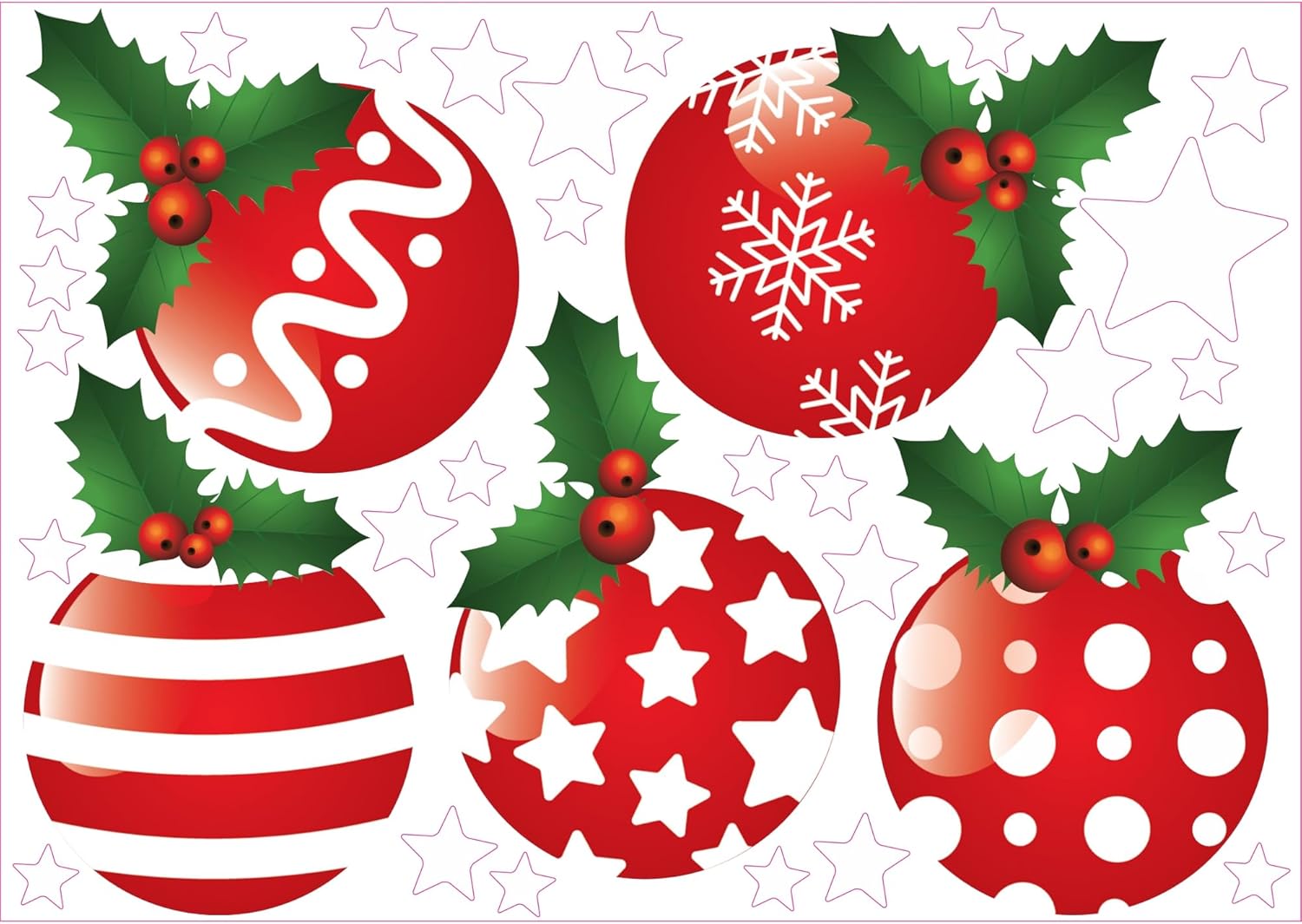 Christmas Bauble Stars Decals Stickers for Glass, Large Xmas Designs Home Decorations Holiday Bling, DIY Window Door Mural Showcase for Office Business, Red Holly Glossy Decorations