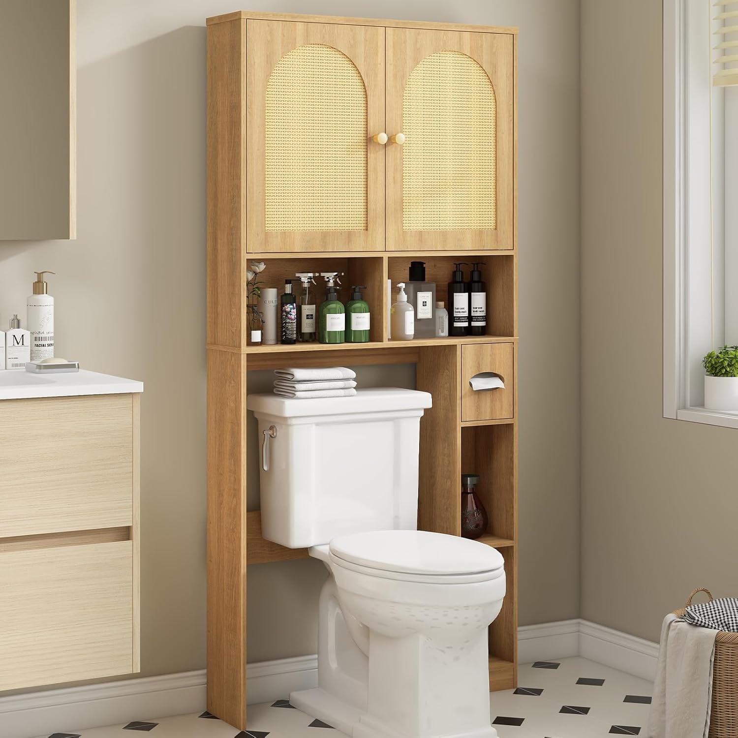 Vabches Over The Toilet Storage Cabinet, Rattan Storage Cabinet Over Toilet with Double Doors & Toilet Paper Holder Stand, Freestanding Toilet Shelf Space Saver with Anti-Tip Design, Natural Style