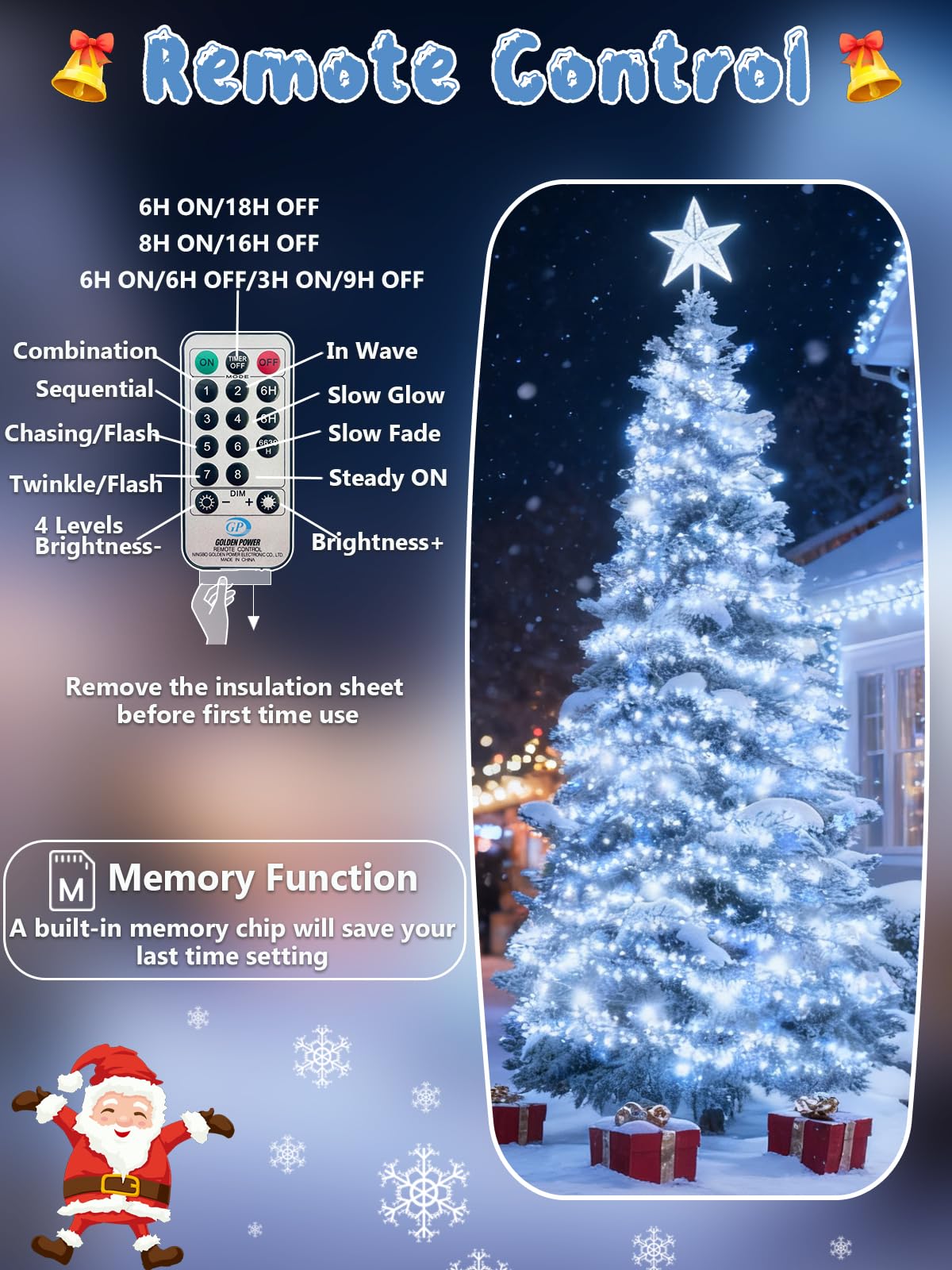 Guirnalda de luces LED de Navidad de 100 pies, 2000 luces LED de petardo con control remoto, 8 modos y temporizador, luz parpadeante impermeable para interiores y exteriores, fiesta, patio, decoración