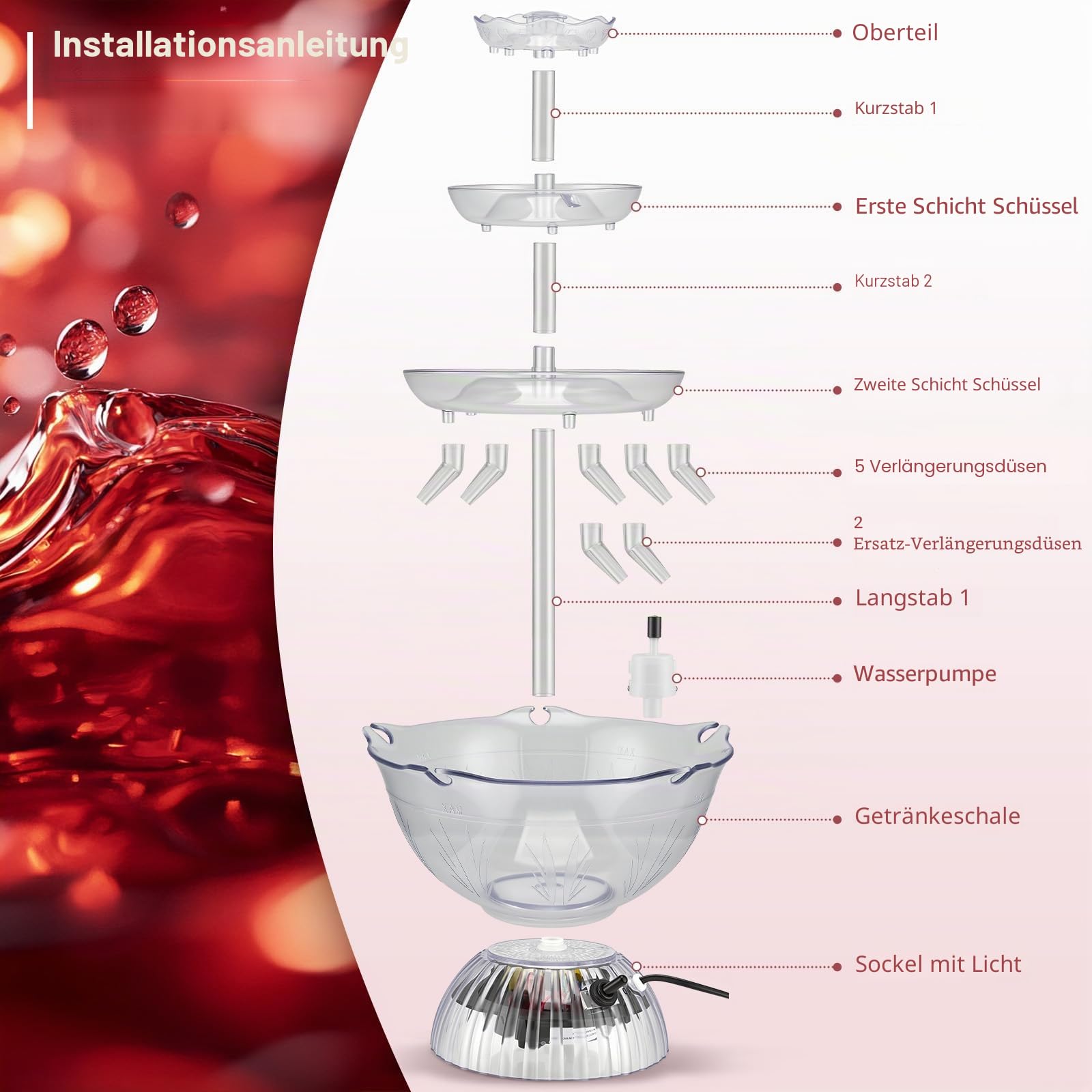 3-Stufiger Klarer Partybrunnen,4L Getränkebrunnen Zimmerbrunnen mit 5 Stück Bechern,Cocktail Brunnen LED-Beleuchteter Sockel,Saft Und Weinbrunnen Trinkbrunnen für Kneipen, Hauspartys