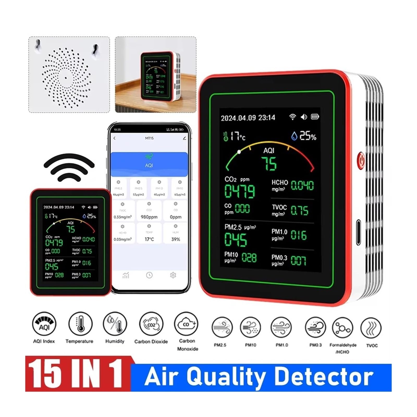 Air Quality Monitor, Rilevatore Di Qualità 'aria WiFi 15 In 1 CO CO2 PM0.3 PM1.0 PM2.5 PM10 Tester Portatile Misuratore Umidità A Temperatura(WHITE)