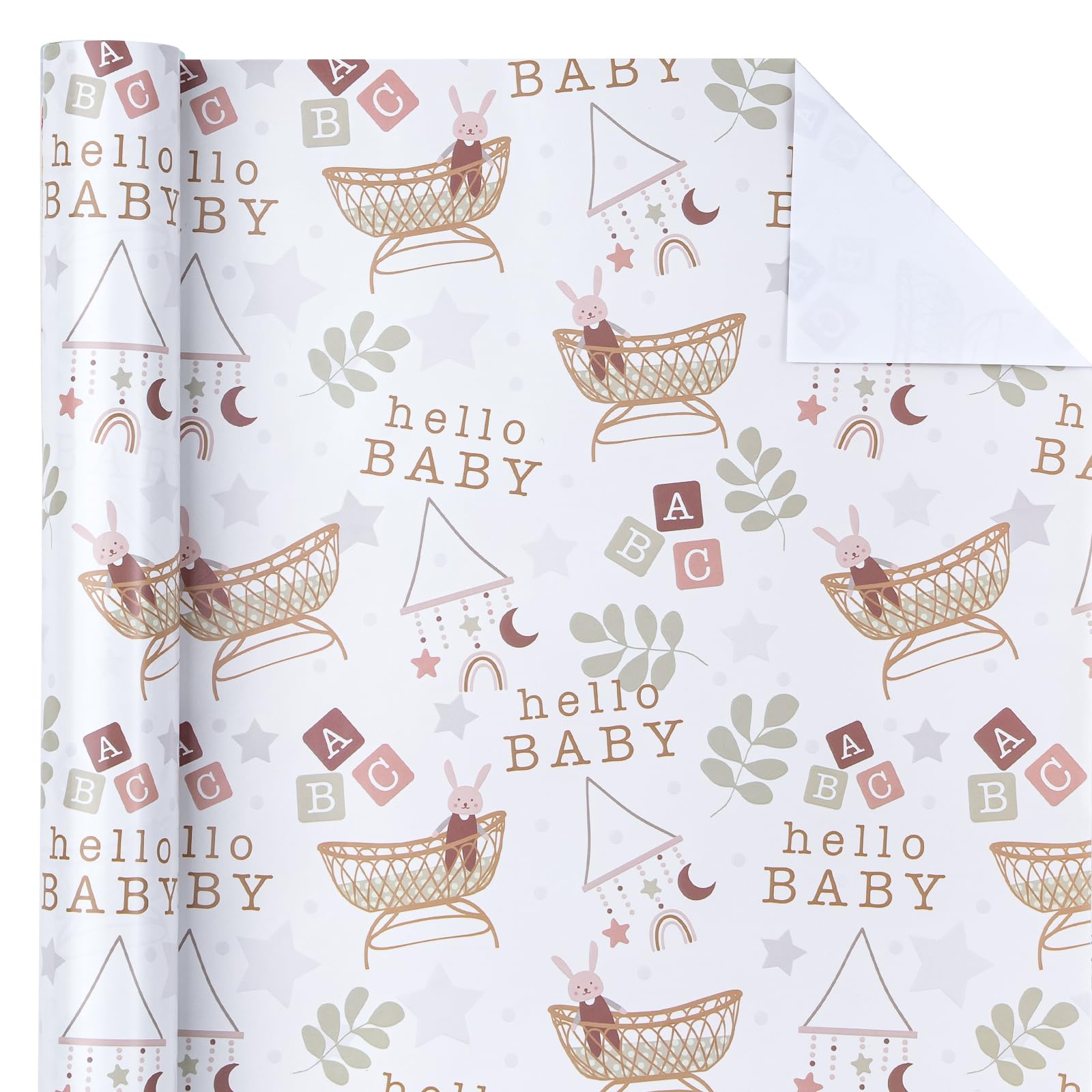 WRAPAHOLIC Papel de regalo jumbo para baby shower, 30 pulgadas x 33 pies, diseño de Hello Baby and Rabbit en moisés para baby shower neutro, cumpleaños de niños y niñas