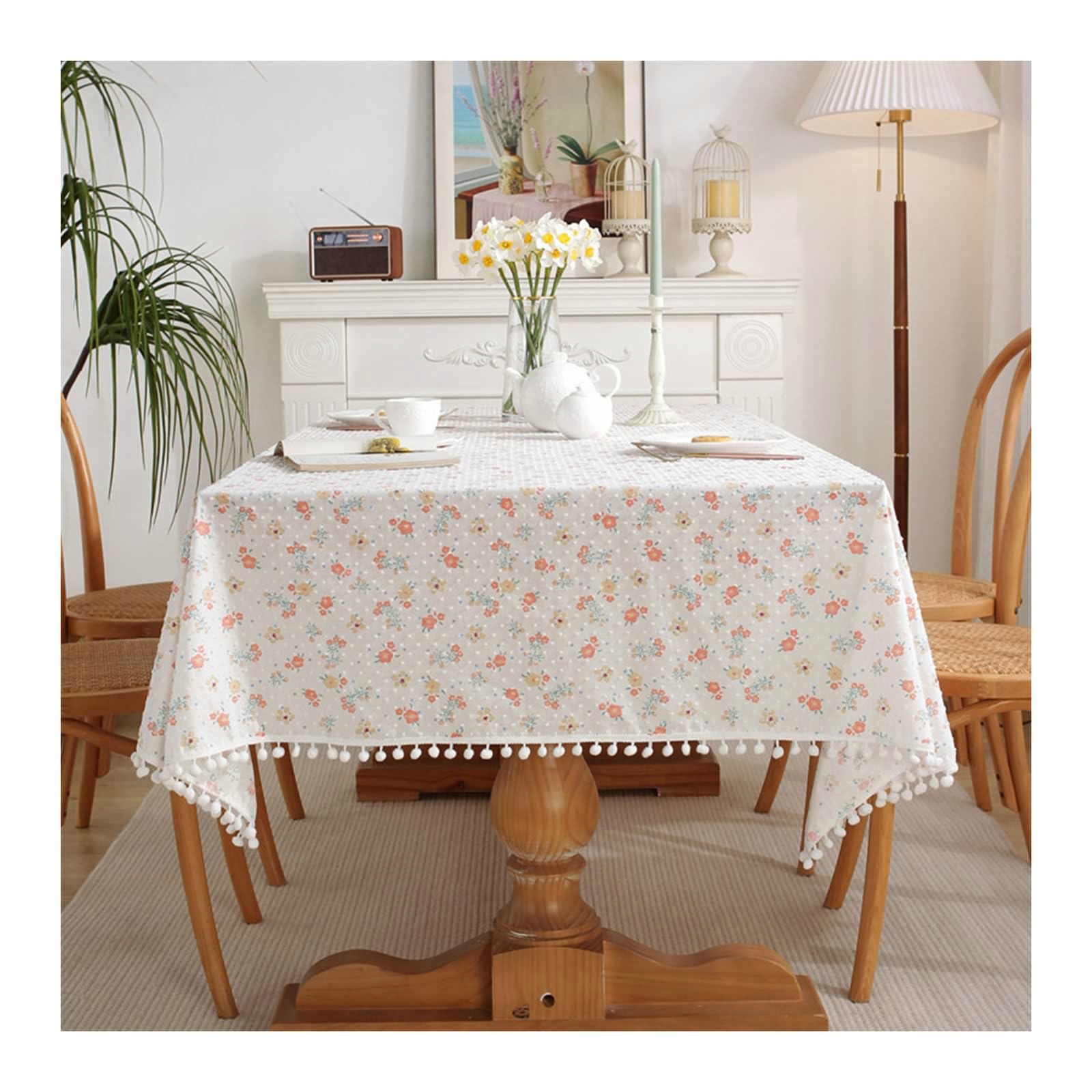 Gualiy Manteles Tela Mesa Rectangular, Algodón Manteles de Mesa de Tela 140x220CM Mantel de Cocina Lavable Flores Estampadas con Bolas Manteles para Mesa de Centro, Rosa