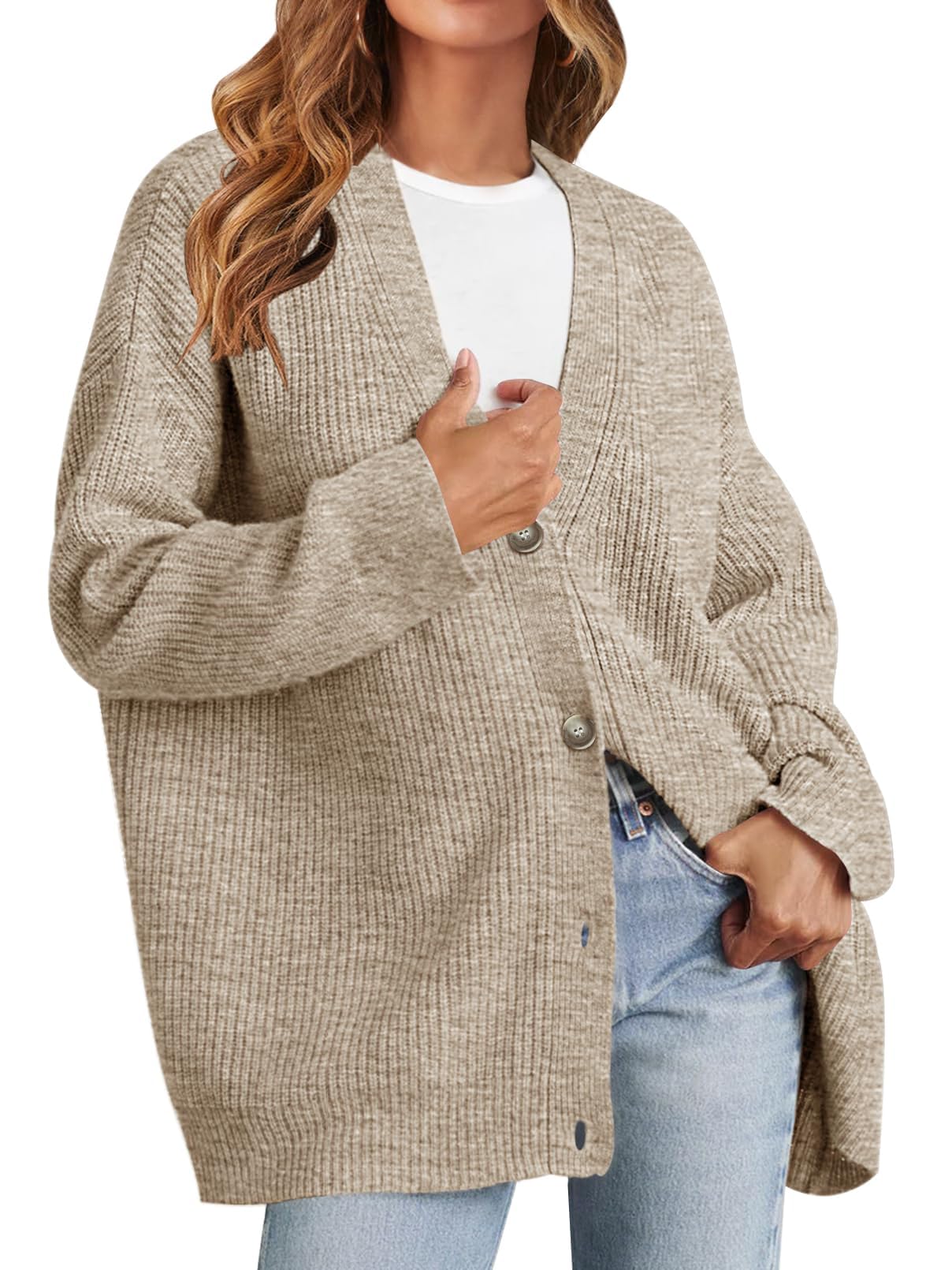 MEROKEETY Womens Cardigan Sweaters 2025 Fall Open Front Oversized Button V Neck Loose Soft Knit Outwear