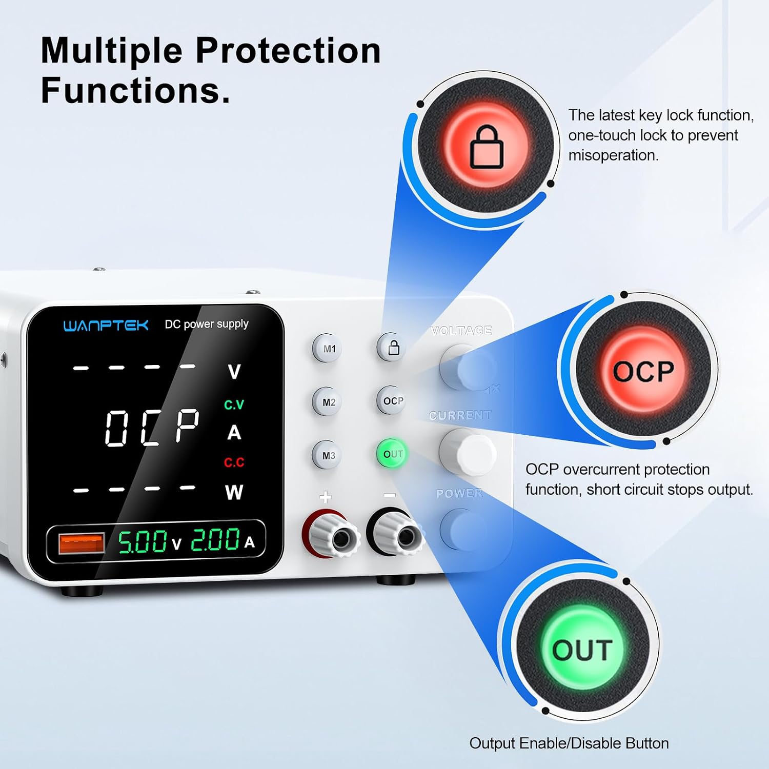 WANPTEK DC Power Supply Variable 0–60V 0–5A, Adjustable Switching Regulated Bench Power Supply with Memory Preset, Lock Key, OCP Protection, USB Fast Charging for Laboratory/Electronic Repair