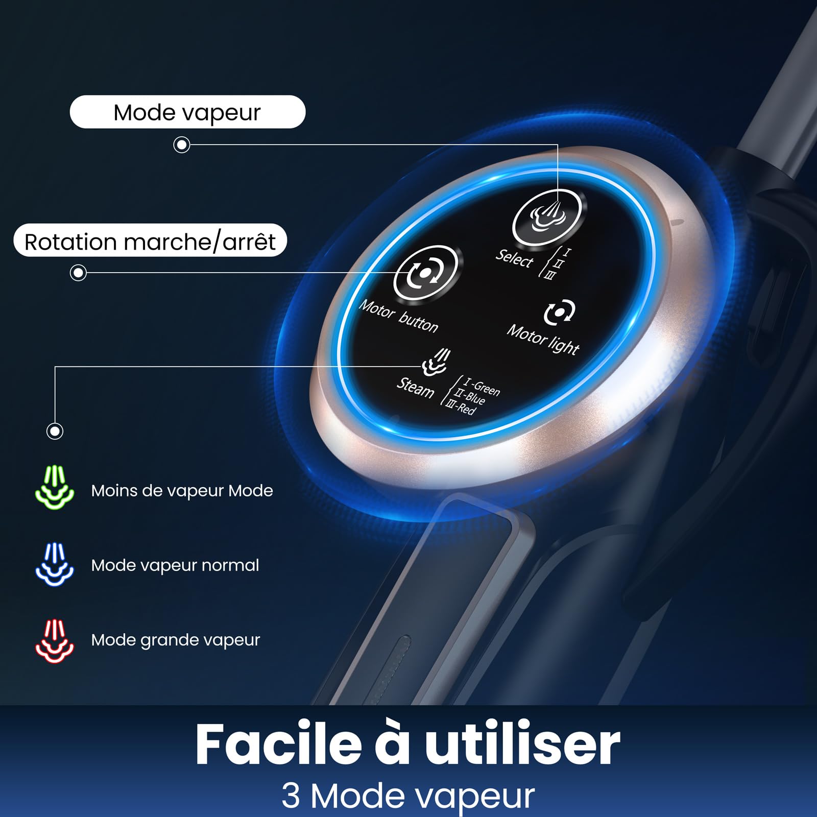 Nettoyeur Vapeur, Balai Vapeur Nettoyeur avec Tampons Rotatifs 8 en 1, Chauffe rapide en 15 secondes, 1200W Vaporetto laveur vapeur légère/3 modes de vapeur/éclairage LED pour différents types de sols
