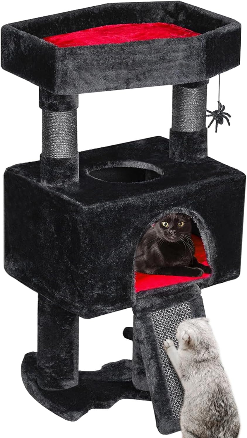 BEWISHOME Cat Tree Tower for Indoor Gothic Cat Trees with Coffin Bed, Cat Condo Cat House with Scratching Posts, Cat Shelves with Spider Toy, Pet Play Activity Center Black with Red, MMJ95R