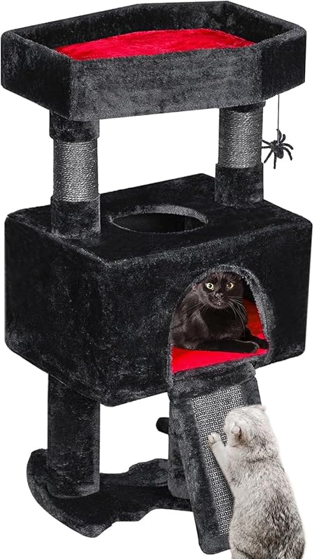 Árvore de atividades para gatos BEWISHOME com arranhadores e cama em formato de caixão, vermelha e preta, MMJ95R