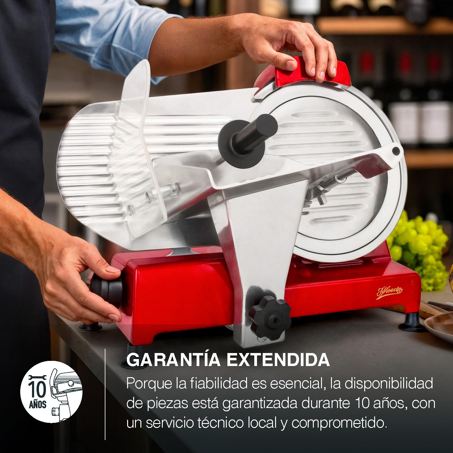Cortafiambres eléctrico profesional MSX252 de H.Koenig - Cuchilla de 25 cm, corte ajustable 0-12 mm, afilador integrado, gran superficie de corte, 282 rpm – Negro