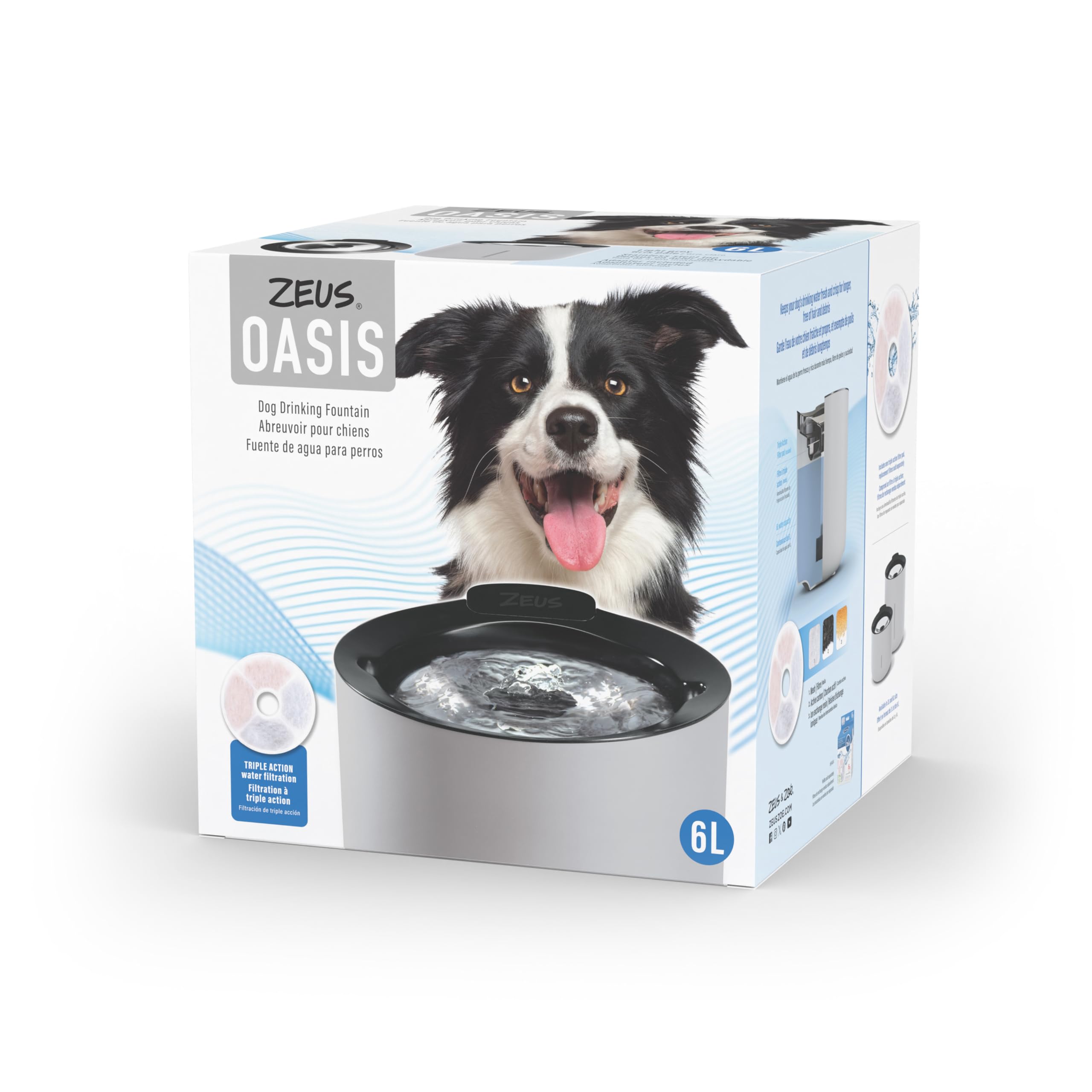 Zeus Oasis Trinkbrunnen für Hunde, 6 Liter Wasserspender mit 3-fach Filterung, fließendes & gefiltertes Trinkwasser, lichtundurchlässiger Wassertank mit LED‑Füllstandsanzeige, indoor Hundetrinkbrunnen