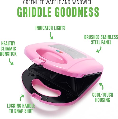 Vista 4 de GreenLife Sandwichera eléctrica de gofres, tostadora, prensa Panini con platos antiadherentes de cerámica saludables, perfecta para derretir atún