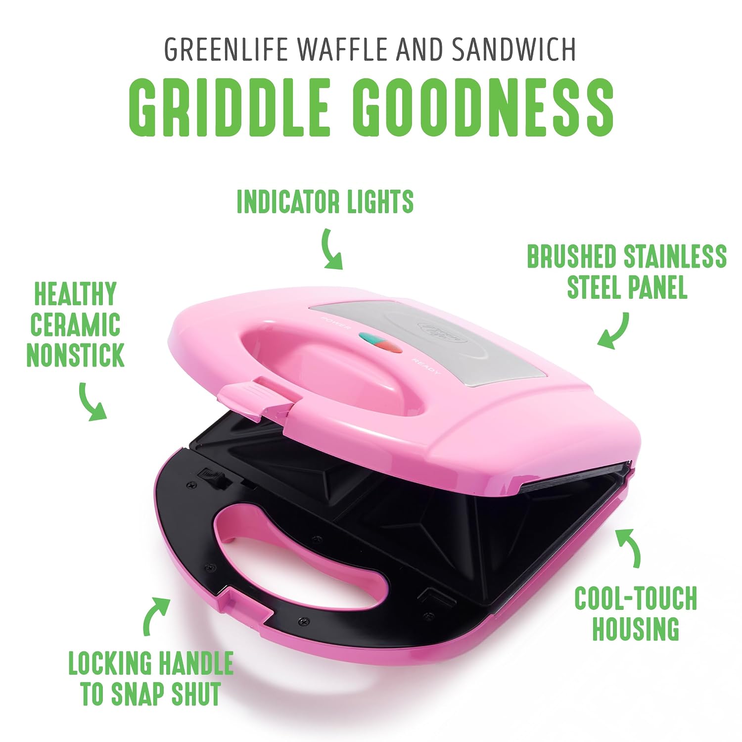 GreenLife Electric Waffle Sandwich Maker, Toaster, Panini Press with Healthy Ceramic Nonstick Plates, Perfect for Tuna Melts, Crispy Rice, Grilled Cheese, LED Indicator Light, PFAS-Free, Pink, view 4