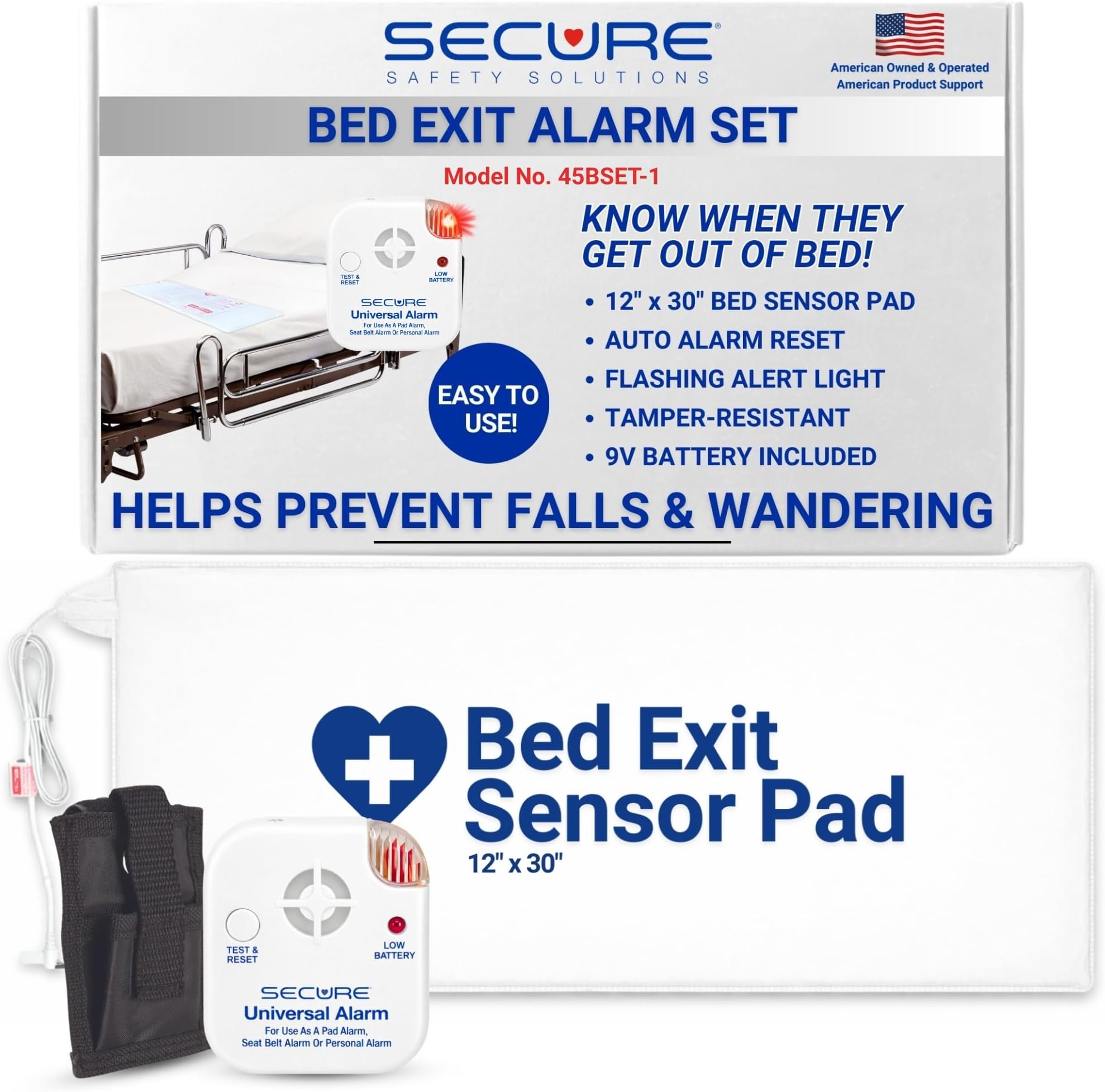 Safety Solutions Bed Alarm for Elderly Adults - 12" x 30" Pressure Sensor Pad, 80 dB Caregiver Alert Monitor with Protective Holder, 9V Battery - Dementia Patient Fall Prevention Monitoring