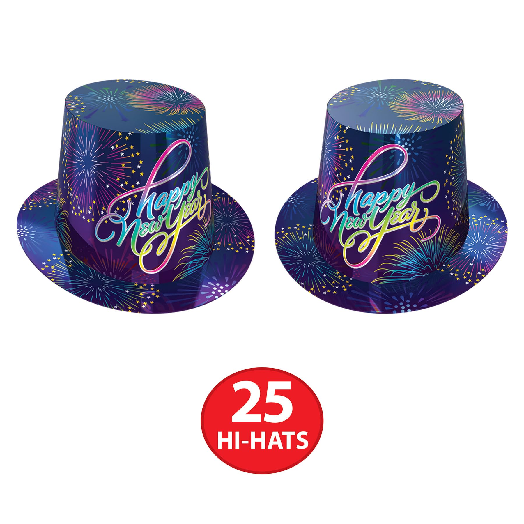 Beistle Silvester-Sortiment, Party-Set, Hi-Hats, 25 Fransen-Tiaras und 50 bedruckte 22,9 cm Hörner mit Feuerwerk-Design, NYE Supplies und Gastgeschenke, Einheitsgröße, blau/mehrfarbig
