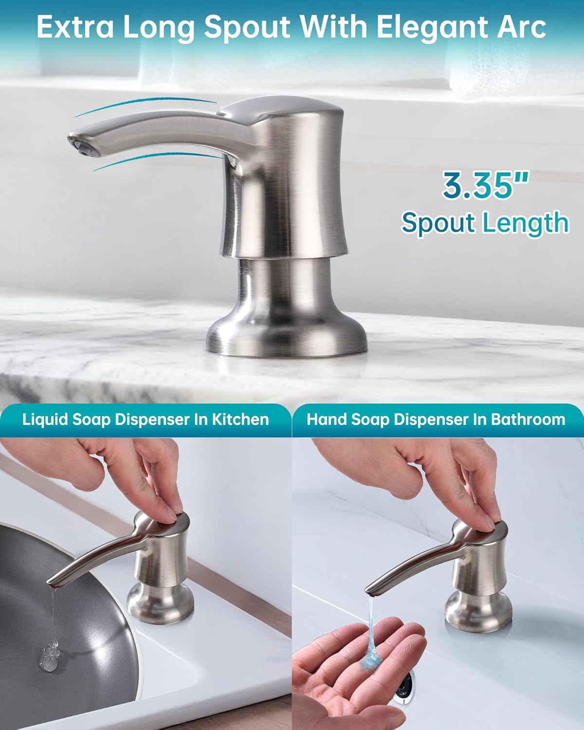 Built in Sink Soap Dispenser or Lotion Dispenser for Kitchen Sink, Brushed Nickel ABS Pump Head, with 11 Ounce Large PET Soap Bottle