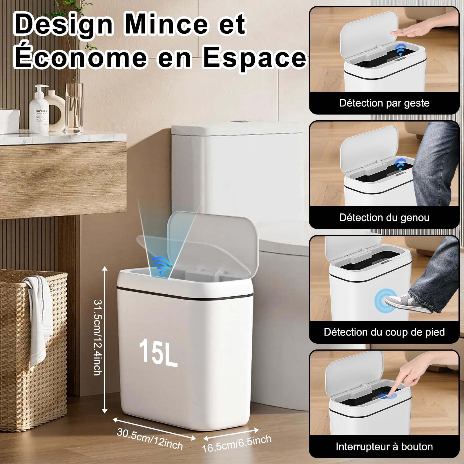 Cubo de Basura Inteligente Silencioso Cubo Basura Automatico Carga USB Cubos Basuras con Sensor Papelera Inteligente Papelera Baño con Sensor para Cocinas, Oficinas, Salones y Baños