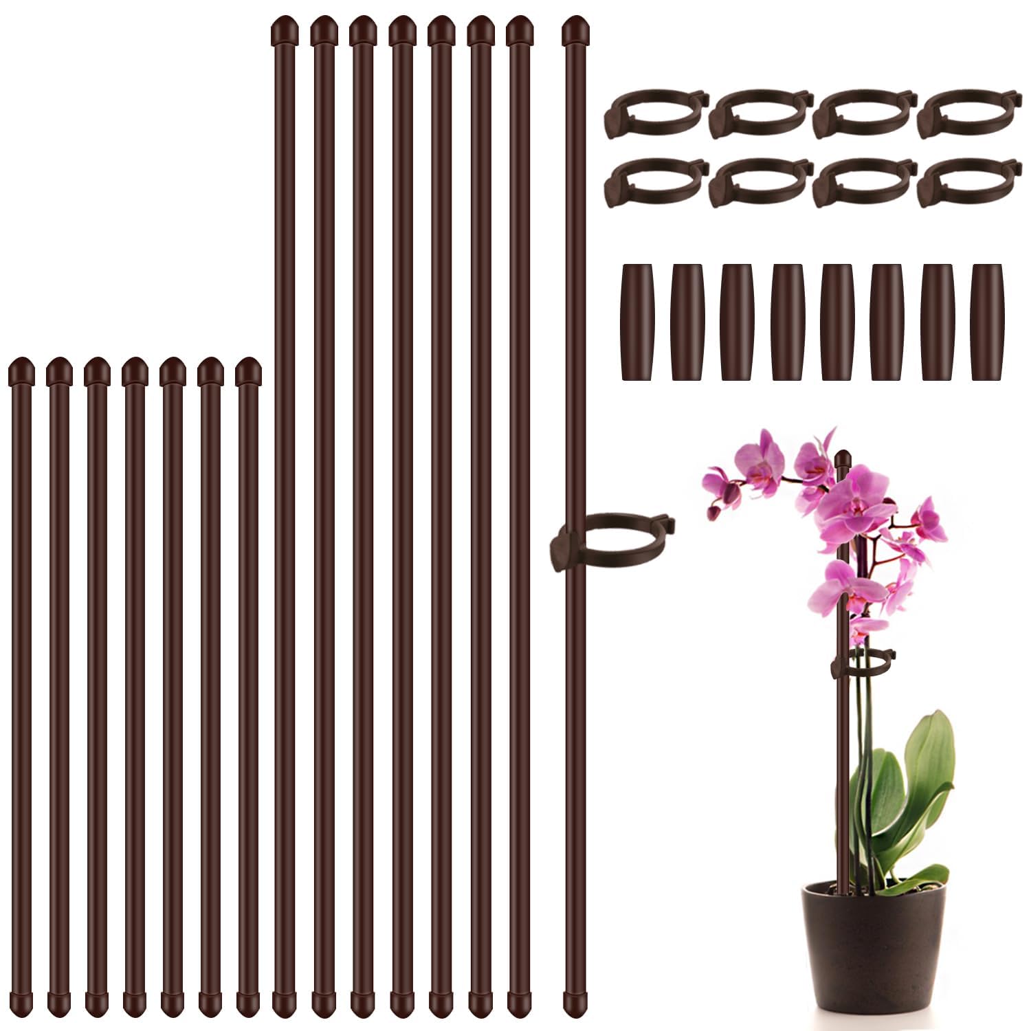 Plant Stakes 17inch &11inch SupKing 16Pcs Adjustable Flower Support Poles Brown Orchid Sticks with Clips for Indoor Outdoor Garden Potted Tomato Rose Amaryllis Vegetables Comes with 20 Ties