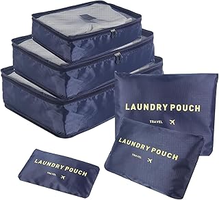 مجموعة منظم شنط السفر من سكاي-تاتش 6 قطع سفر وشنط غسيل الملابس بنمط مكعبات مقاومة للماء بلون ازرق كلوريد البوليفينيل PVC