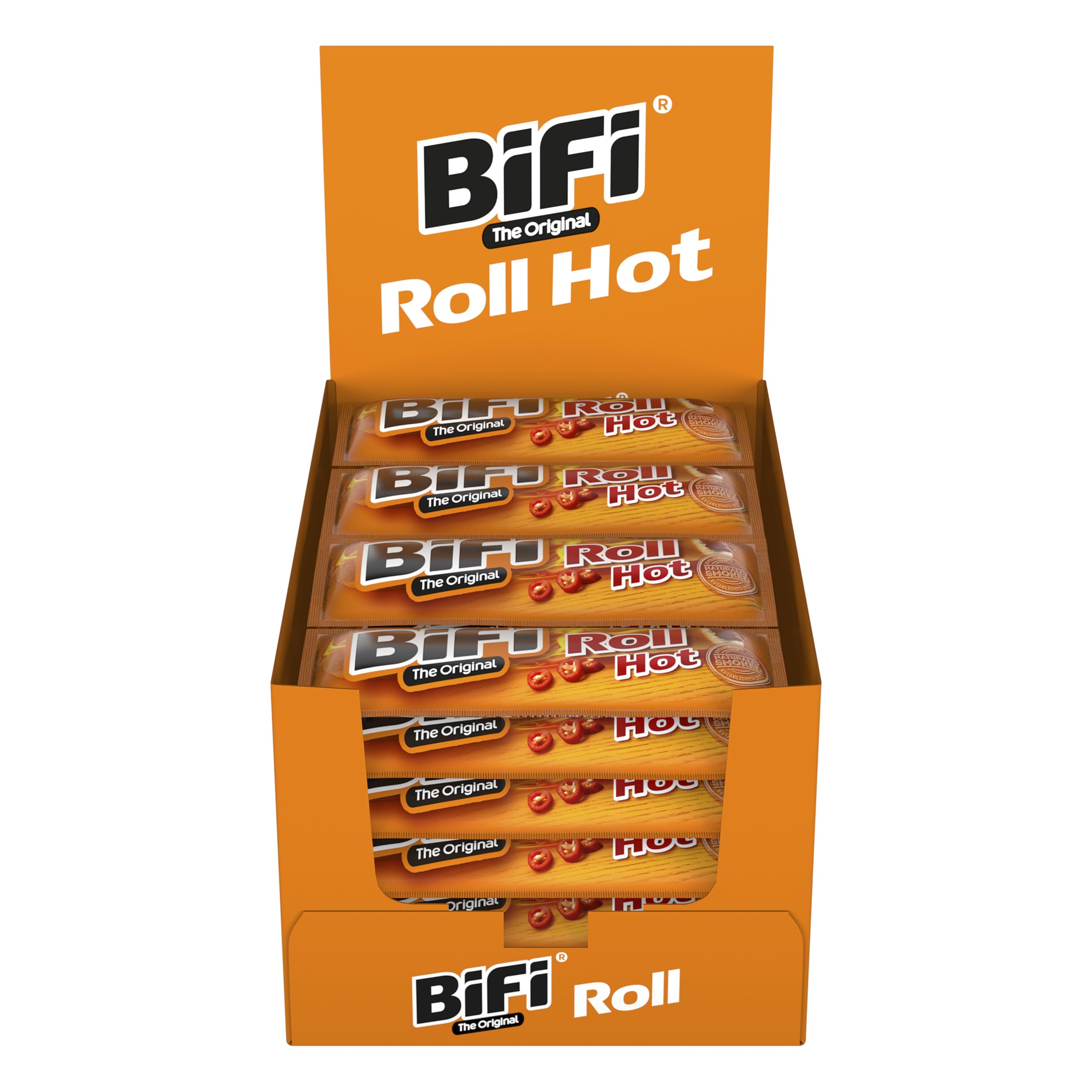 BiFi Roll Hot, Salamino Snack in Morbido Panino, Snack Piccante in Formato Tascabile, da Gustare in Viaggio, in Ufficio o Quando fai Sport, Con Peperoncino e Paprika, Confezione da 24 (24 X 45 g)
