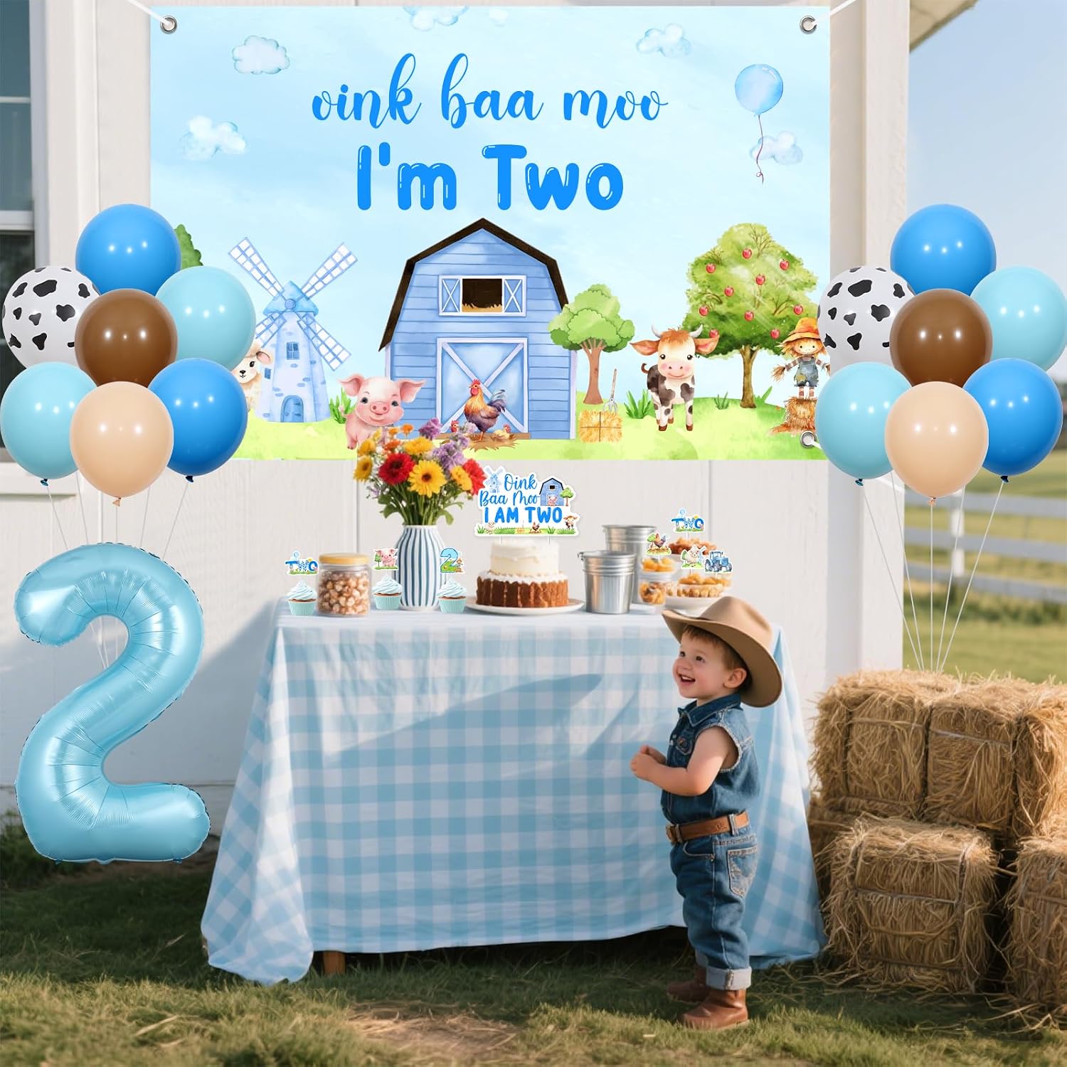 Farm Animals Themed 2nd Birthday Decorations Blue, Oink Baa Moo I Am Two Birthday Backdrop Banner with Blue Farm Animal Cake Decor, Barnyard Second Party Supplies for Boys