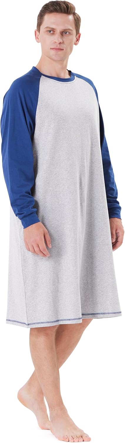 Keyocean Mens Cotton Nightgown Soft Lightweight Long Sleeve Sleepshirt Crew Neck & Pockets Comfortable Lounge Nightwear - Image 7