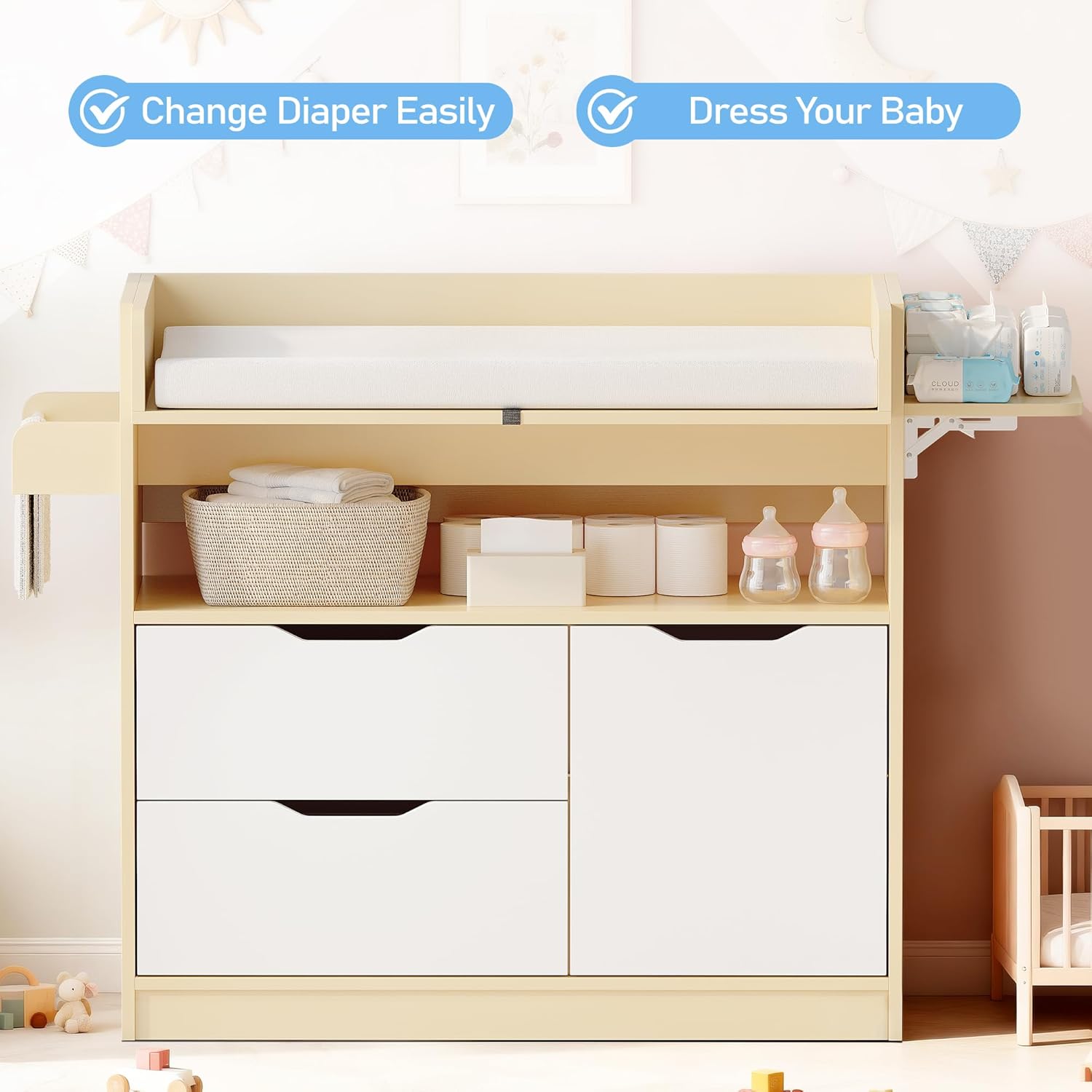 Baby Changing Table Dresser with 3 Drawers and 1 Storage Shelves, Can be Used as a Baby Dresser with Pad, a Changing Table with Drawers (Light Wooden and White)