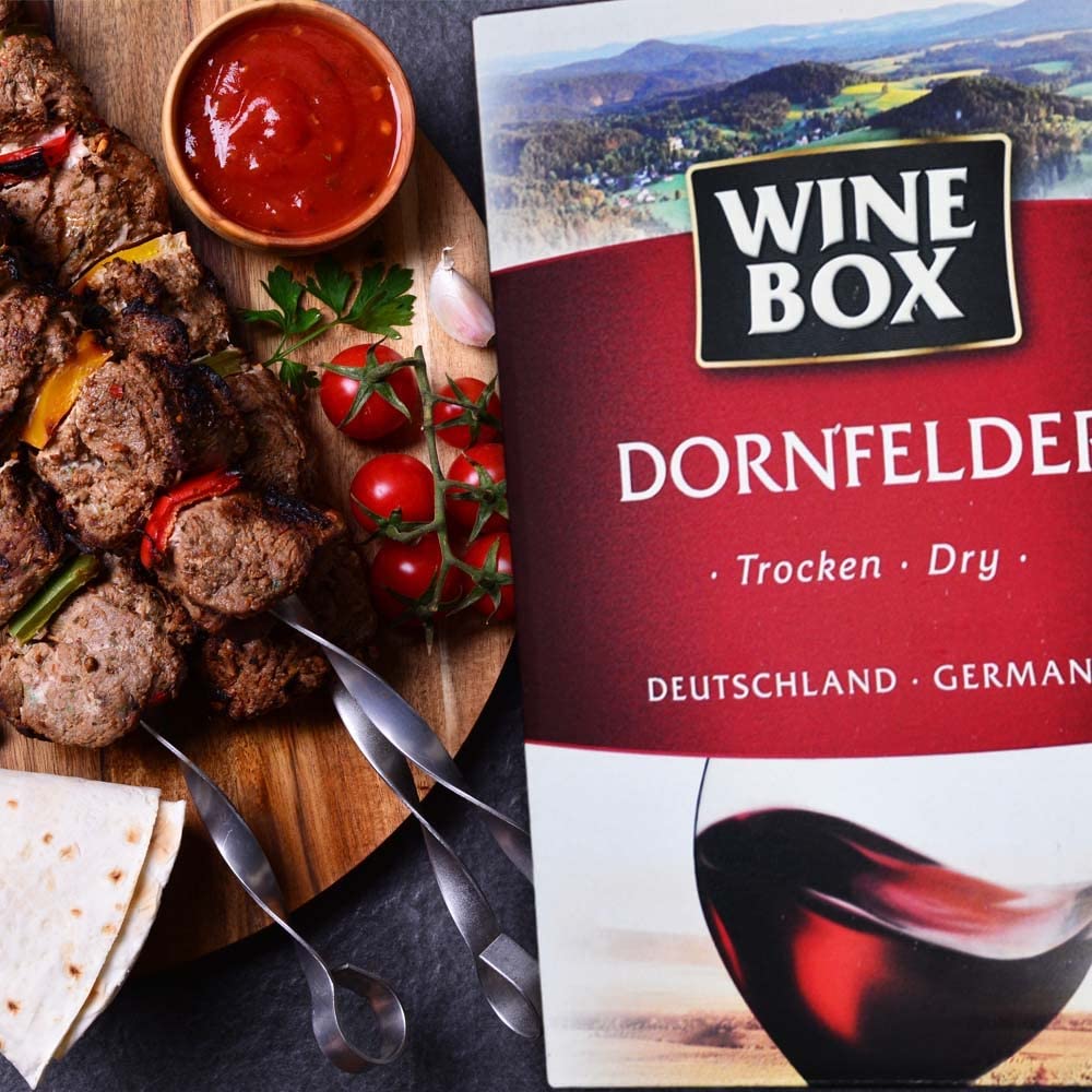 Wine Box Dornfelder, trocken, Bag-in-Box, sortenreines Weinpaket + VINOX Winecards (4x3,0l)