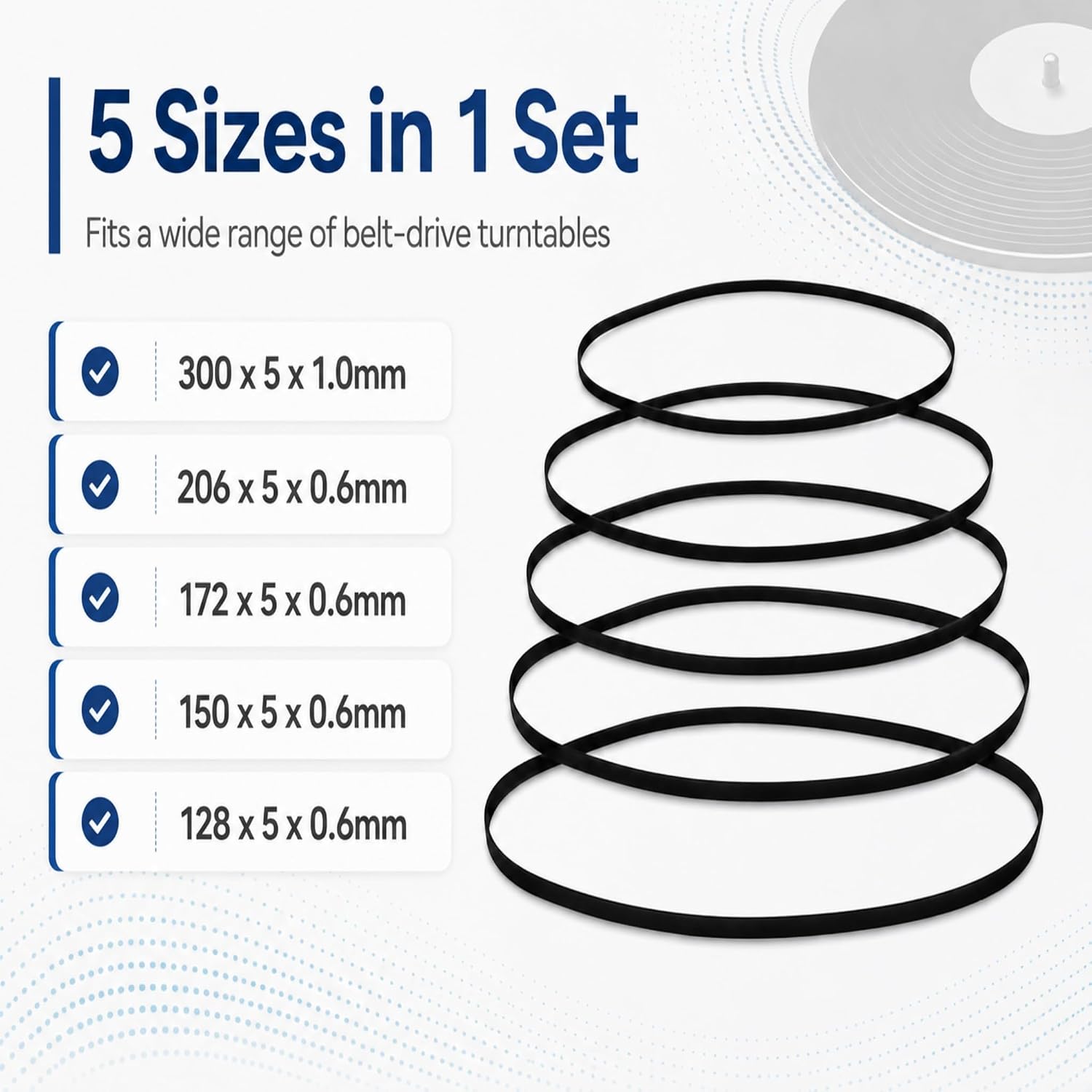 Turntable Belt Set 5 Sizes Rubber Replacement for Technics Pioneer Record Player - 33/45 RPM DC Motor Belt Drive Turntable Parts Kit - 5 Pcs image 2