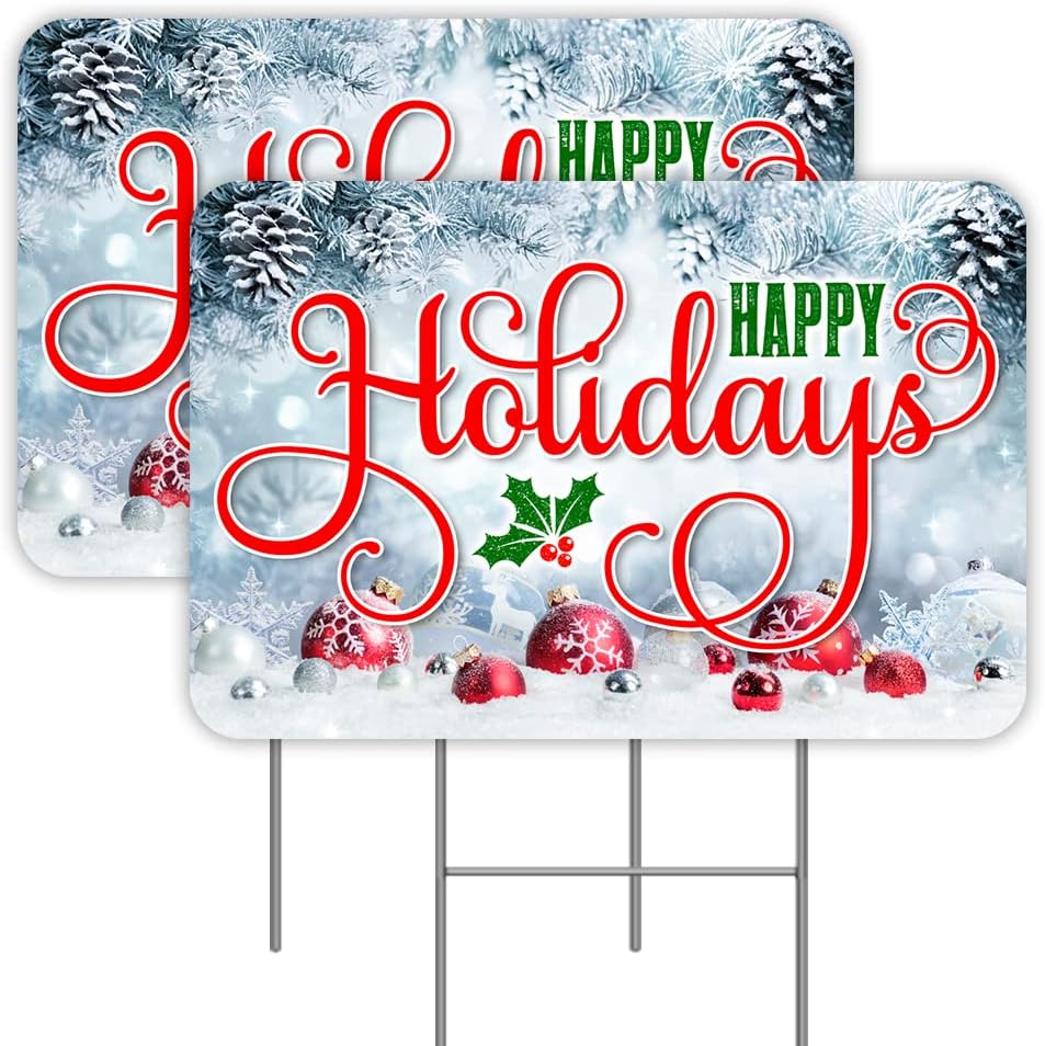 Happy Holidays 2 Pack Double-Sided Yard Signs 16" x 24" with Metal Stakes (Made in the USA)