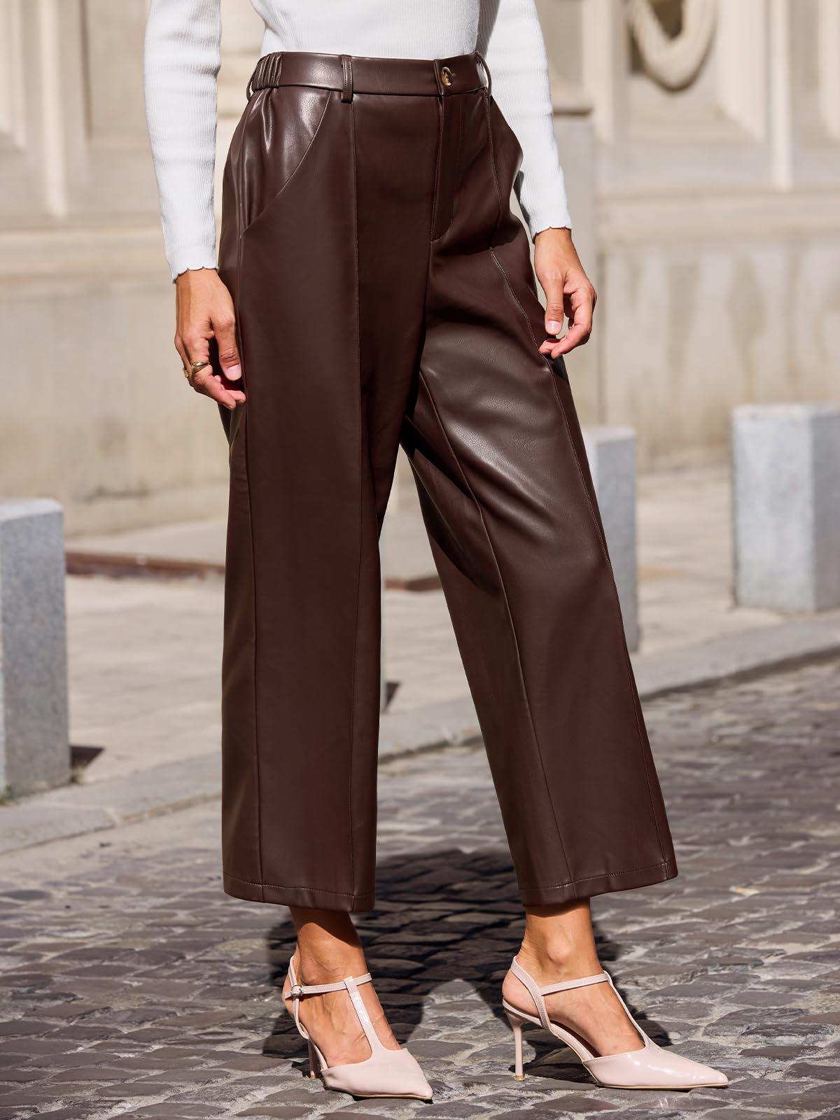 CUPSHE Pantalon court en similicuir pour femme - Taille haute - Jambe large - Avec poches